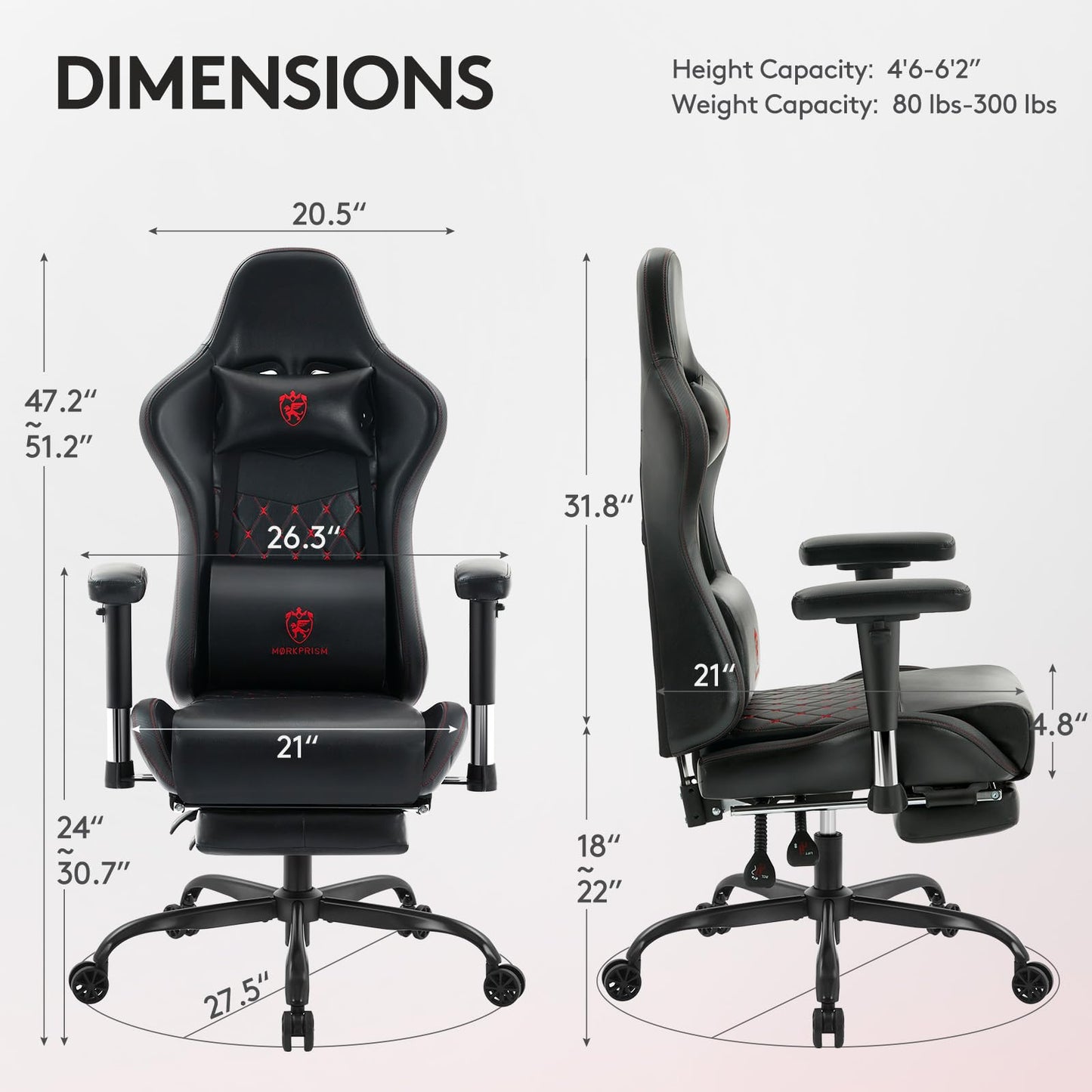 Morkprism Gaming Chair,Computer Office Chair with Footrest,Massage Lumbar Support and Gel Pad,Ergonomic Reclining Leather Gamer Chair with Headrest,Adjustable Armrests and Spring Cushion Black Red