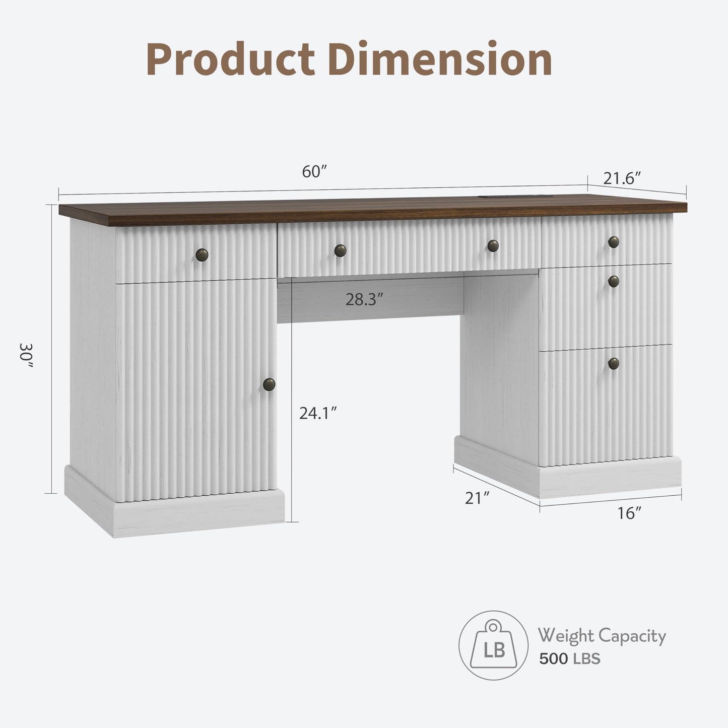 Garvee 60" Office Desk with Storage Cabinet & Drawers. Fluted Wood Computer Desk with Power Outlet & Adjustable Shelves.Modern Executive Desk for Home Office/Bedroom/Gaming-White
