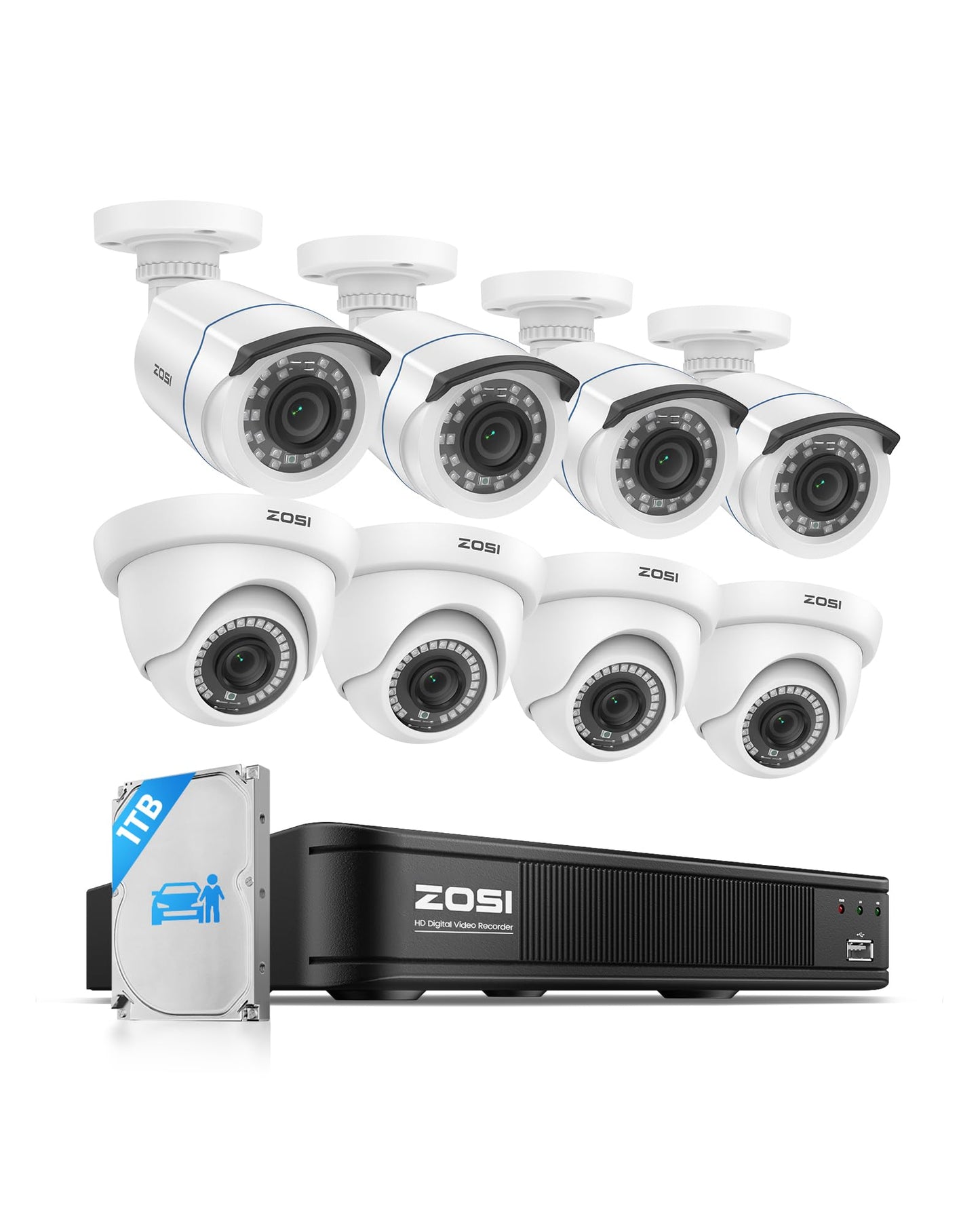 ZOSI 3K Lite Home Security Camera System with AI Human Vehicle Detection, H.265+ 8CH CCTV DVR and 8 x 1080p Wired Outdoor Indoor Bullet Dome Cameras, Remote Access, Alert Push (1TB Hard Drive)