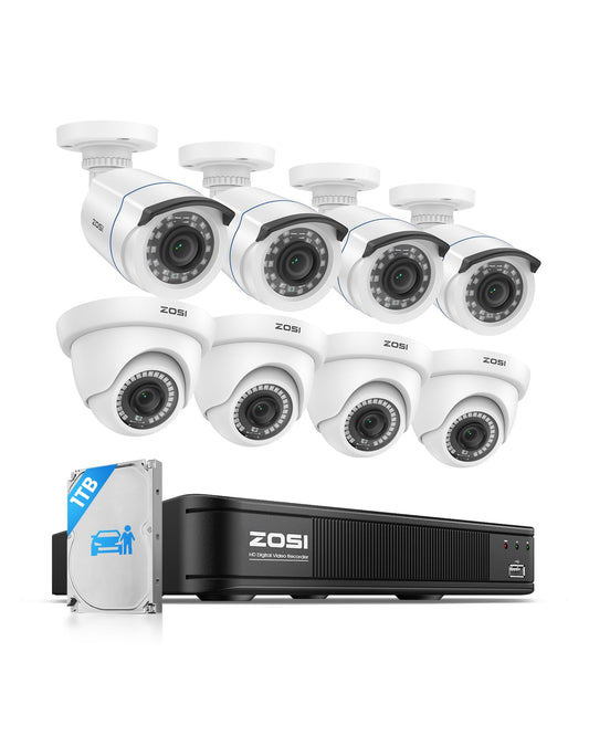 ZOSI 3K Lite Home Security Camera System with AI Human Vehicle Detection, H.265+ 8CH CCTV DVR and 8 x 1080p Wired Outdoor Indoor Bullet Dome Cameras, Remote Access, Alert Push (1TB Hard Drive)
