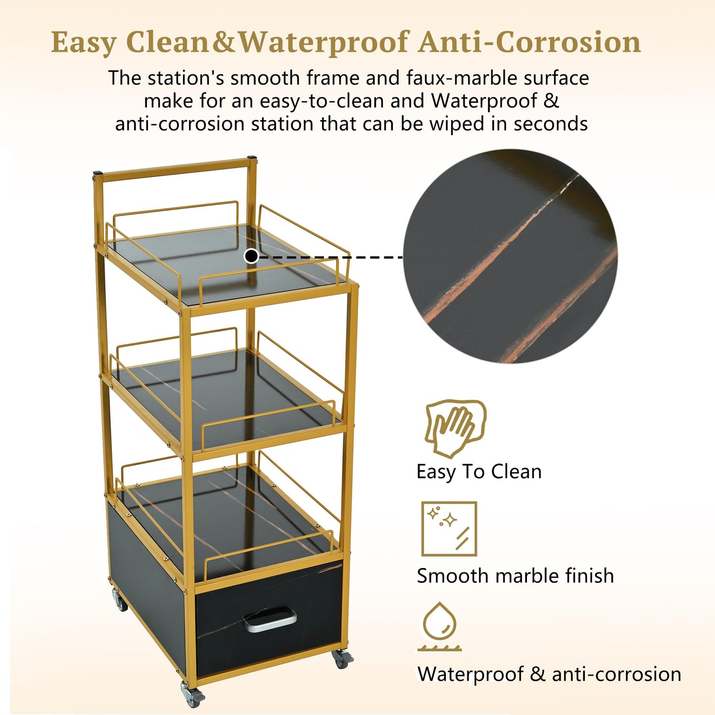 Beauty Salon Cart with Lockable Wheels 3-Tier Rolling Makeup Cart Organizer Esthetician Cart with Drawer Marbled Board for Nail Skincare and Barber Supplies Black and Gold