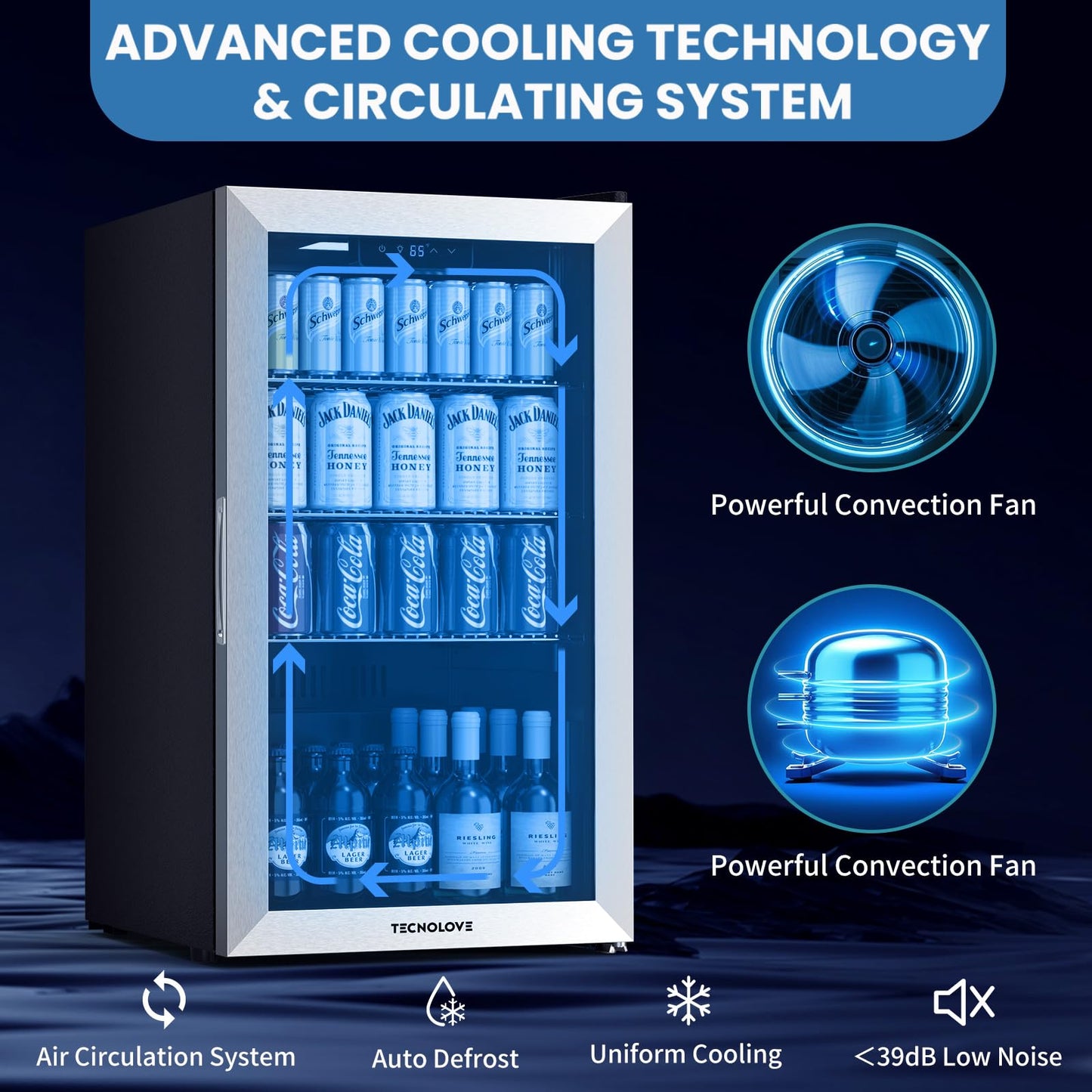 Beverage Refrigerator Cooler,Mini Fridge,Free Standing,123can/3 Cu. Ft,Cools Down To 37 ℉,LED Touchscreen Digital Temp Control,Under Counter,Double-layer Glass Door,Adjustable Shelves,Stainless Steel