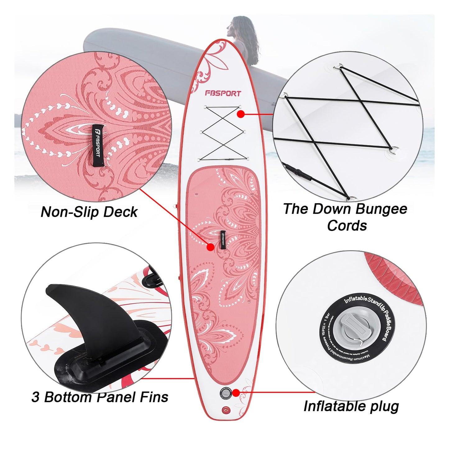 FBSPORT 11' Premium Stand Up Paddle Board, Yoga Board with SUP Accessories & Carry Bag | Wide Stance, Surf Control, Non-Slip Deck, Leash, Paddle and Pump for Youth & Adult (PinkWhite)
