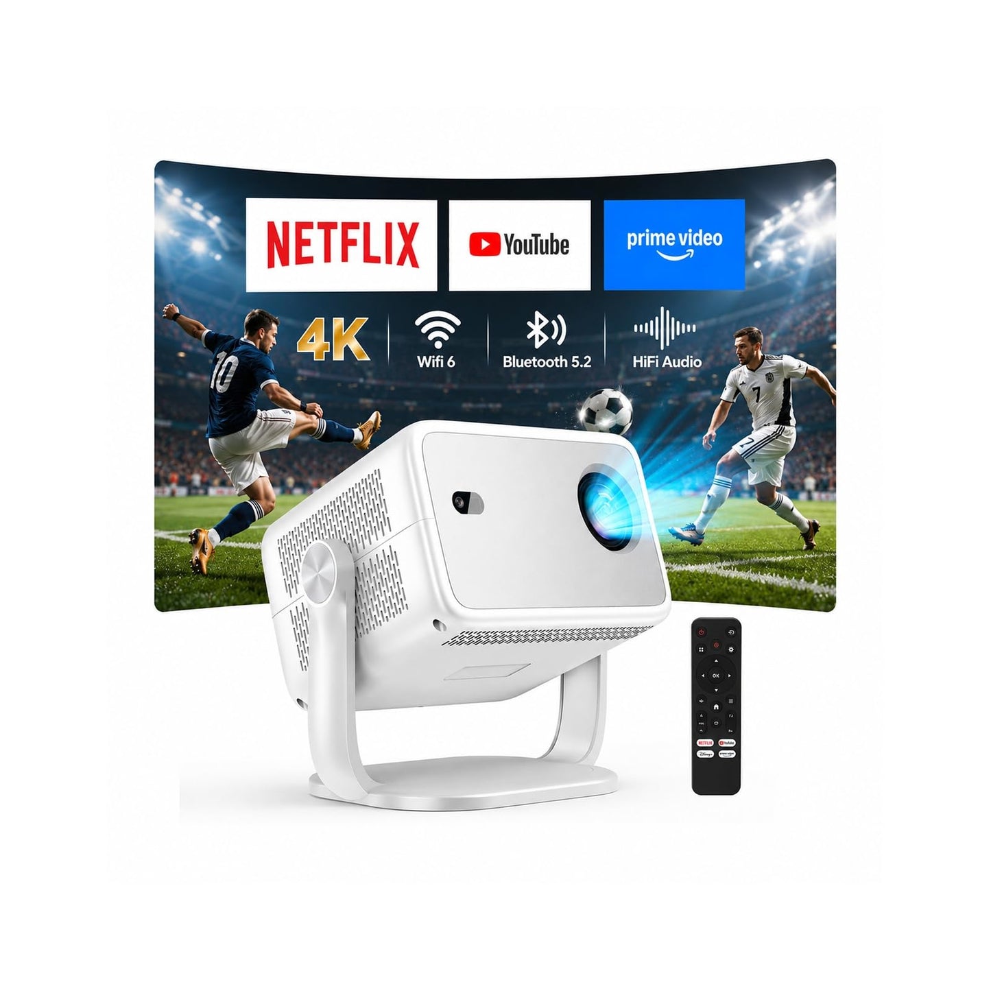 Projector with WiFi and Bluetooth, Officially Licensed App & Native 1080P, Auto Focus & Keystone Outdoor Movie Projector, 4K Supported for Dorm/Ceiling/Home Theater/Bedroom