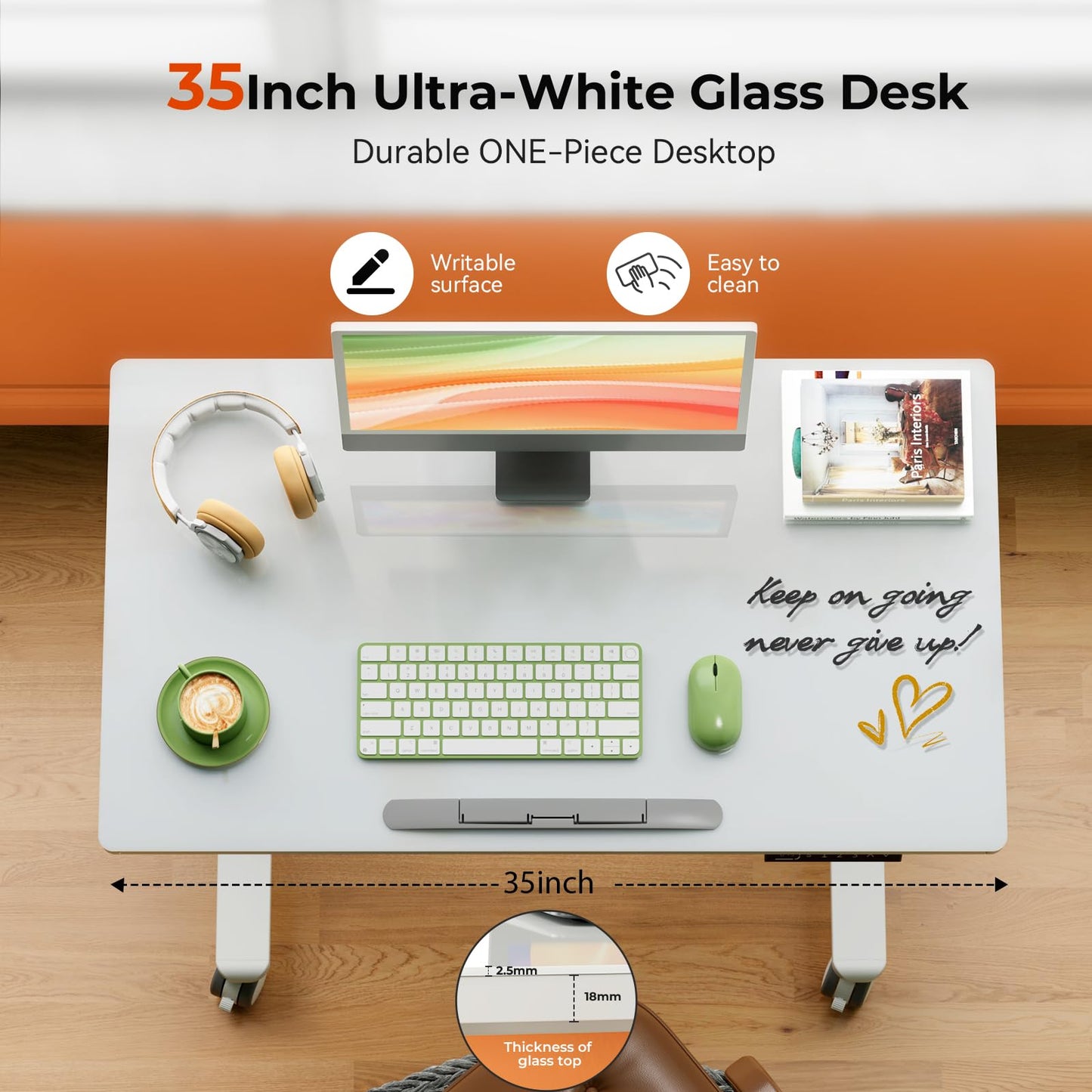 Liftsync 35inch Glass Standing Desk，90° Tiltable Mobile Rising Desk Height Adjustable，Whole Piece Rolling Drafting/DrawingTable with Wheels，Foldable Small Laptop Art Desk，White