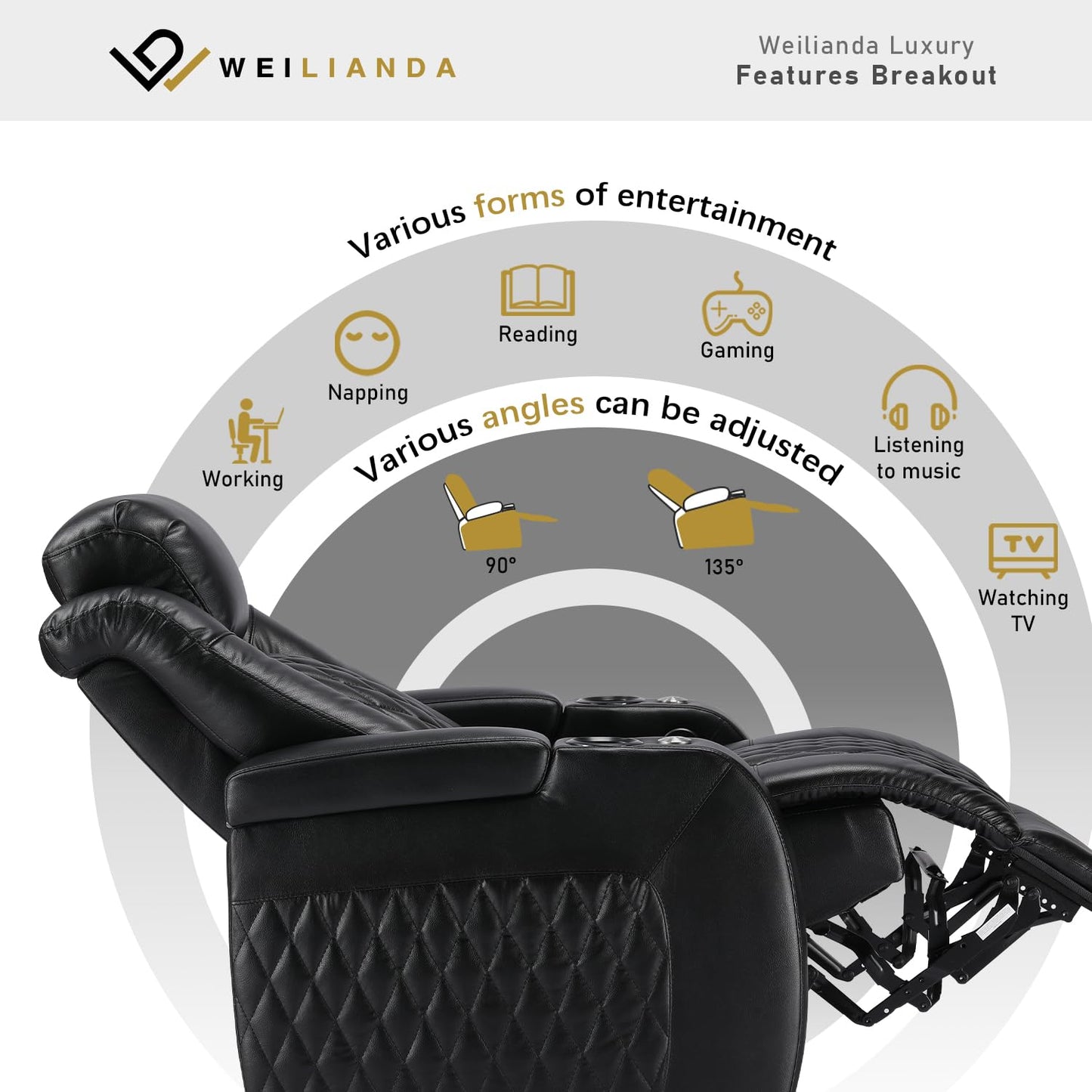 Weilianda Home Theater Seating Top Grain Leather Zero Gravity Recliner Chair Power Headrest Recline Movie Seat Gaming 7 Colors Mood Light Sofa with Tray Table USB Charge Row of 1 Black