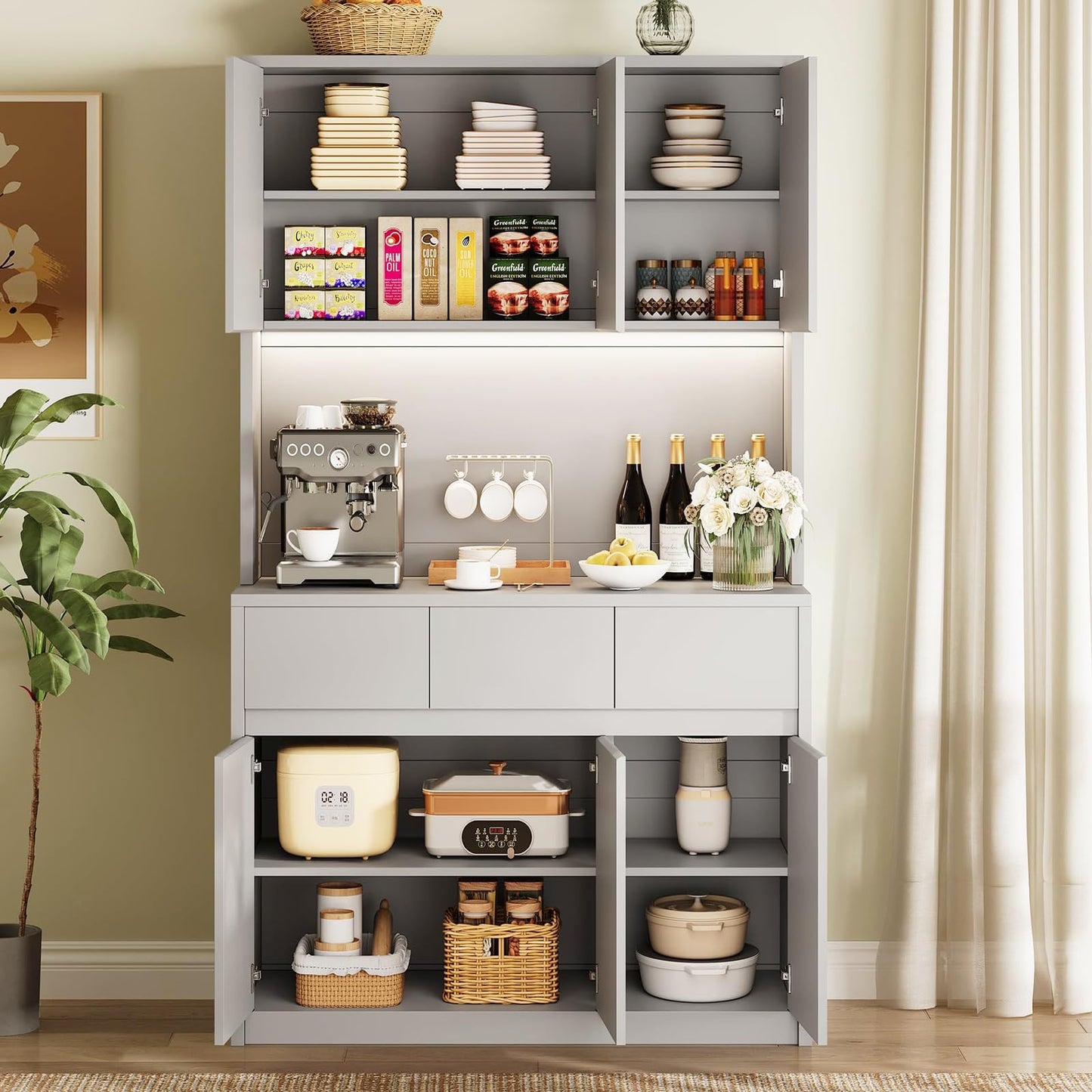 71" Kitchen Pantry Cabinet,Tall Storage Cabinet with Doors & Shelves Adjustable, Kitchen Storage Hutch with Microwave Shelf,Coffee Bar,Led Lights&Charging Station,Corner Pantry Cabinet for Living Room