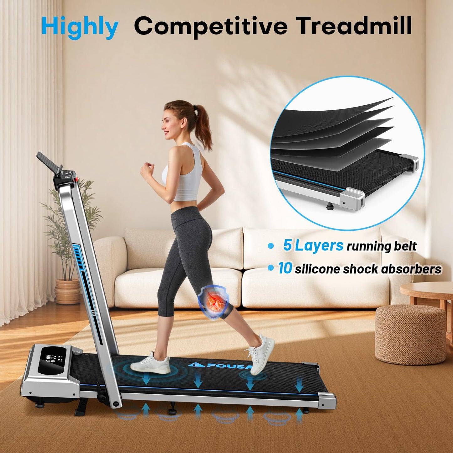 FOUSAE 5 in 1 Foldable Treadmill, 7.5 MPH Treadmills for Home with App Compatible, Treadmill with 10% Incline, 3.0HP Brushless Drive, Remote Control and LED Display, 12 HIIT Programs, 400 LBS Capacity