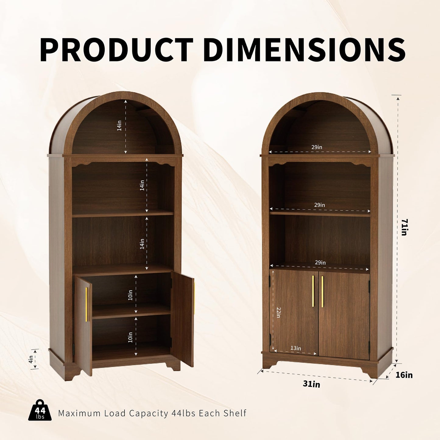 Trygoal 71'' Tall Arched Cabinet with Fluted Doors, Kitchen Pantry Farmhouse Cabinet with Open Display Shelves, Mid Century Modern Arched Bookcase for Living Room Dining Room Office Entryway, Walnut