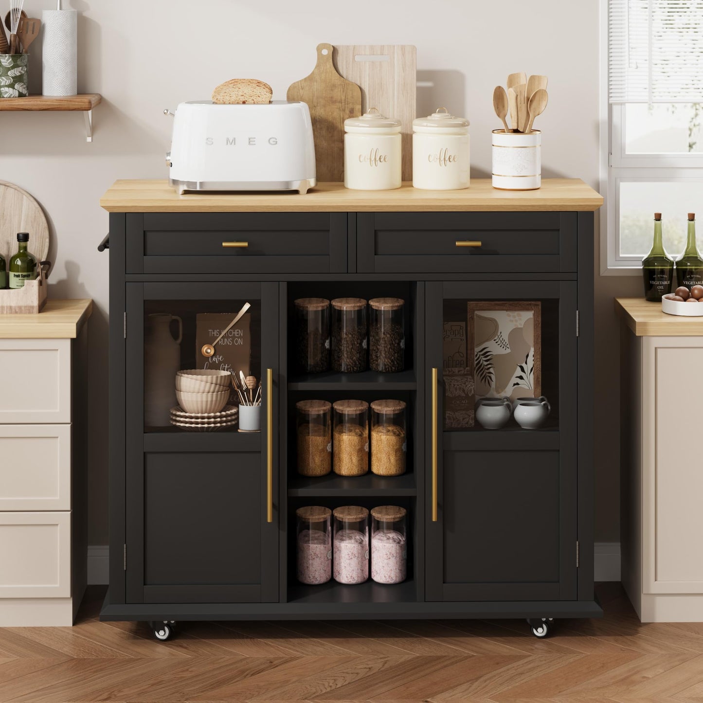 IDEALHOUSE Mobile Kitchen Island Cart with Storage & Drop Leaf - Rolling Kitchen Cabinet with Drawer, Shelf & Spice Rack for Dining Room (Black & Natural)
