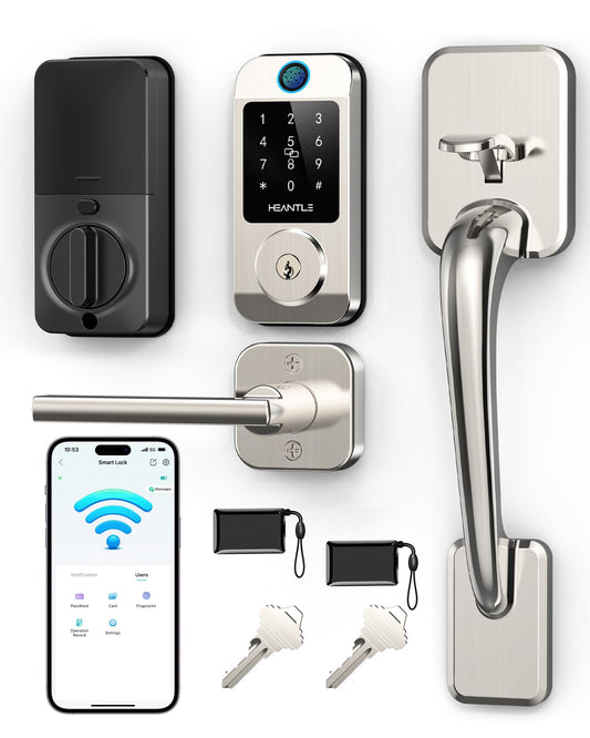 Wi-Fi Front Door Lock Set - HEANTLE Smart Locks for Front Door Built-in WiFi Keyless Entry Deadbolt with Handle Set Fingerprint Smart Electronic Deadbolt, Works with Alexa & Google Assistant Silver