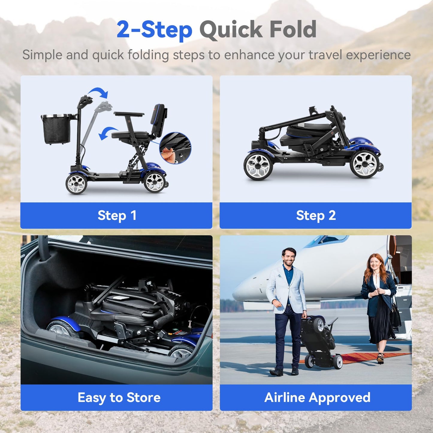 (2026 Upgrade) Lightweight Mobility Scooter for Seniors & Adults, Folding Mobility Scooters, 24.8 Miles Travel Foldable 4 Wheeler, Removable Lithium Battery, 300lb Capacity-Gloss Blue