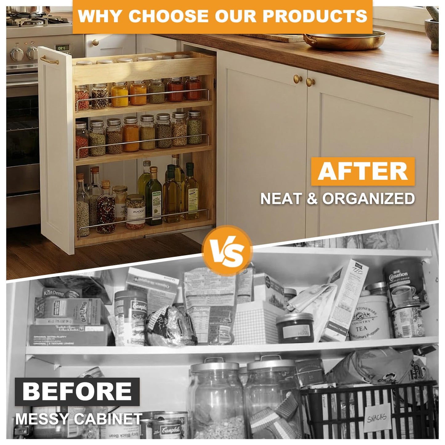 Gsskny Pull Out Spice Rack Organizer for Cabinet, 8" W x 22.3" D x 25.2" H Multi-Use Solid Wood Slide Out Shelf for Kitchen Cabinet, Sliding Spice Rack for Cans & Jars, Pantry Organization