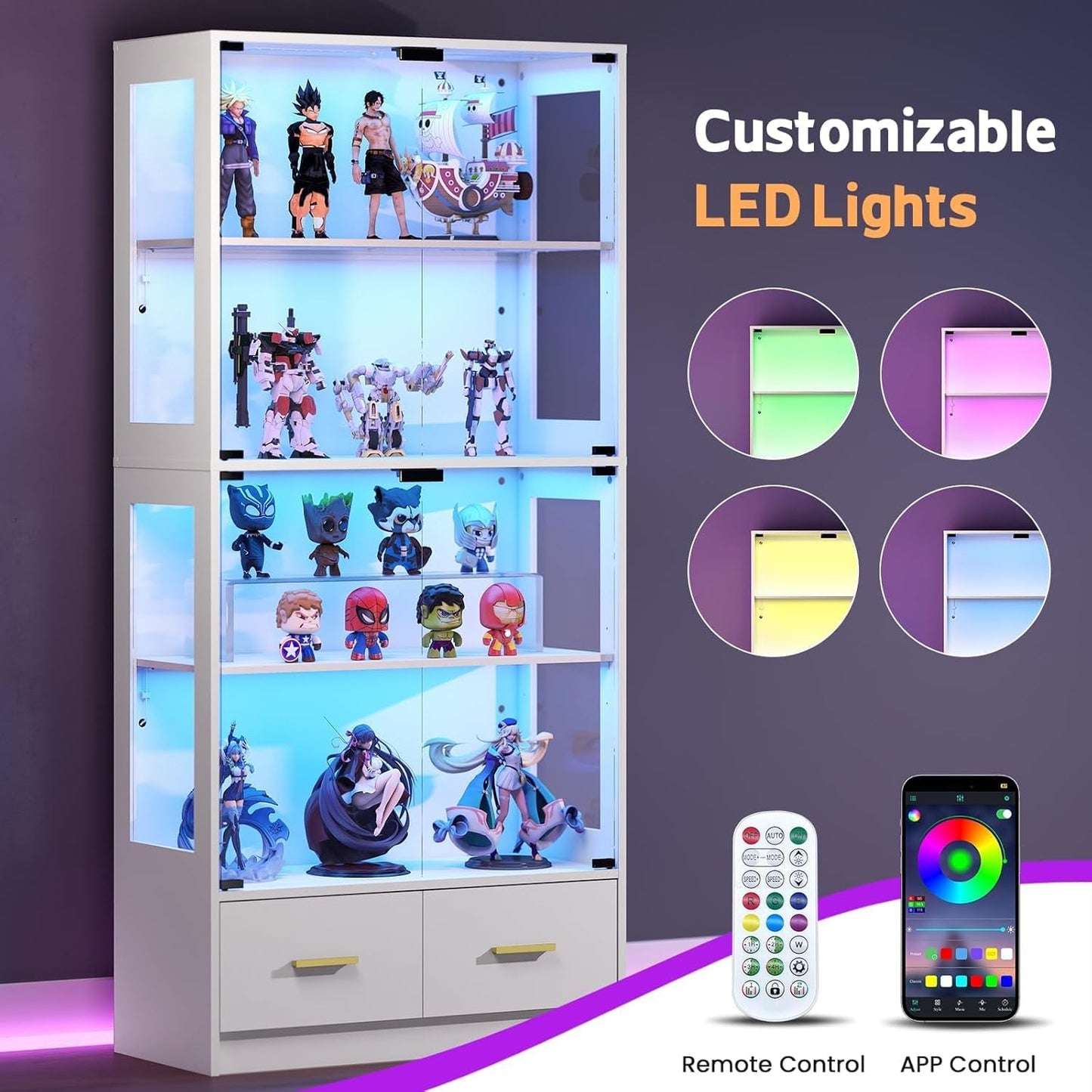 Lamtor Display Cabinet with Glass Doors - 67" Curio Cabinet for Collectibles with RGB LED Lights and 2 Drawers, 4 Tier Glass Display Case for Living Room, Office, White