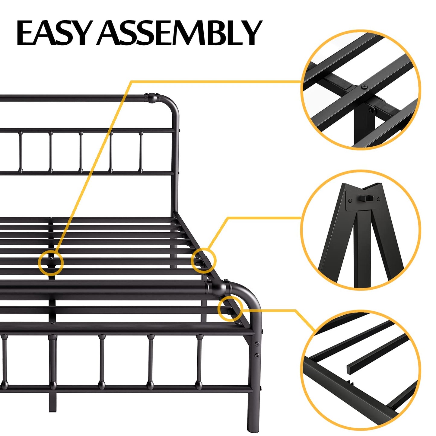BOSRII Full Size Bed Frame with Headboard and Footboard, 18 Inches High, 3500 Pounds Heavy Duty Metal Slats Support for Mattress, No Box Spring Needed, Noise-Free, Black