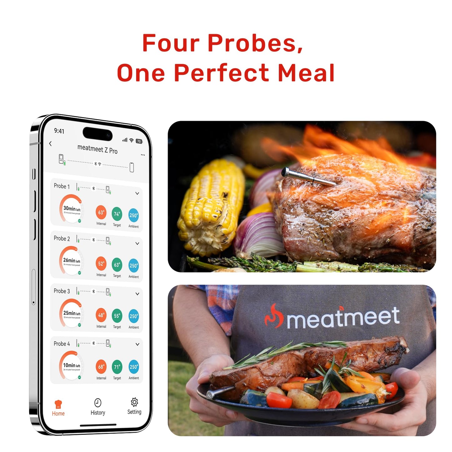 Meatmeet Wireless Bluetooth Meat Thermometer Digital, Standalone Base, WiFi Unlimited Range, AI guided cooking, 6 Sensors with ± 0.18°F Accuracy, 4 Probes for Kitchen, BBQ, Grill, Oven, Smoker (Z Pro)