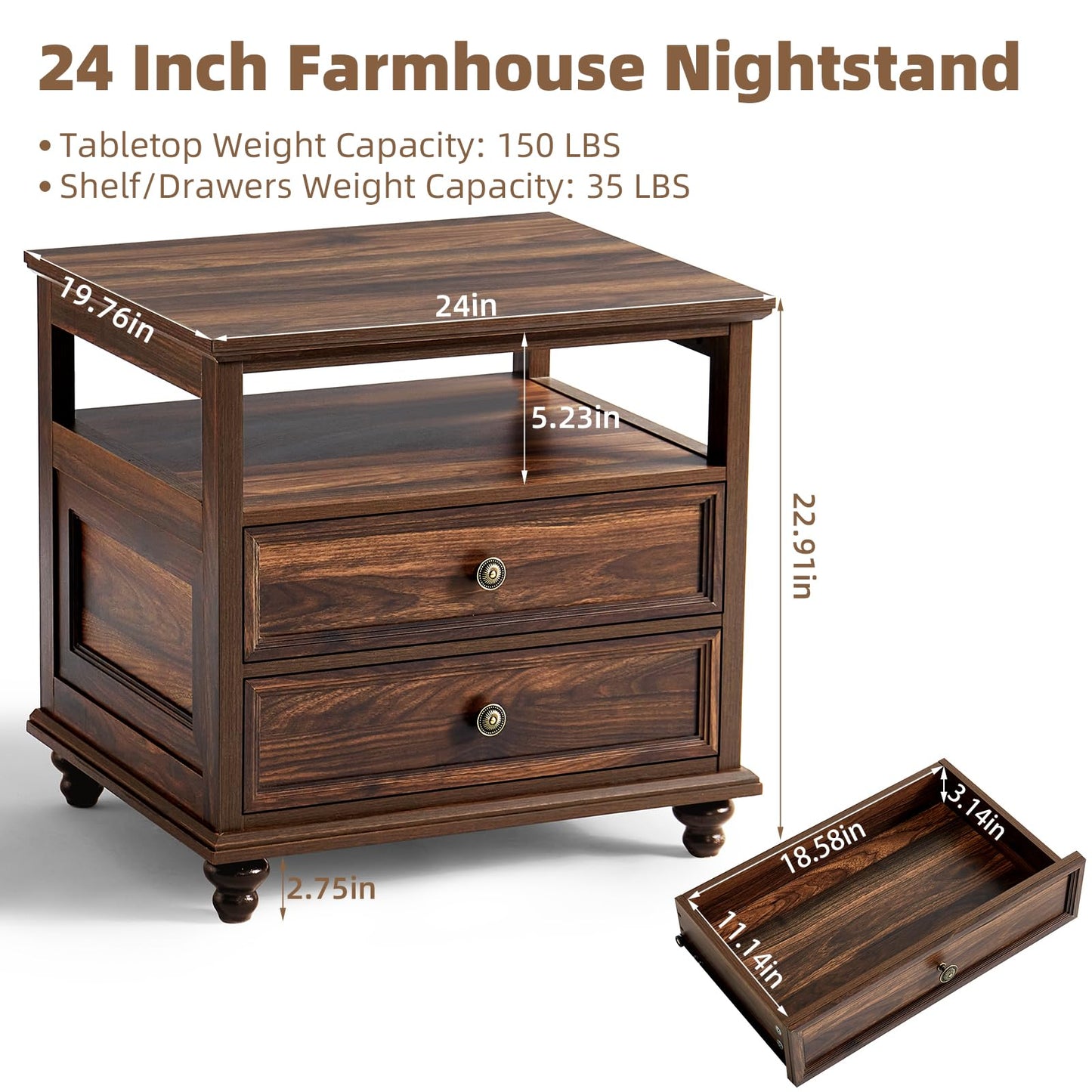 Joaxswe 24" Wide Farmhouse Night Stand Set of 2,Large End Table with 2 Drawers & Metal Handle,Brown Wood Dresser for Bedroom, Bed Side Table Chest of Drawers Cabinet, Nightstand for Living Room,Closet