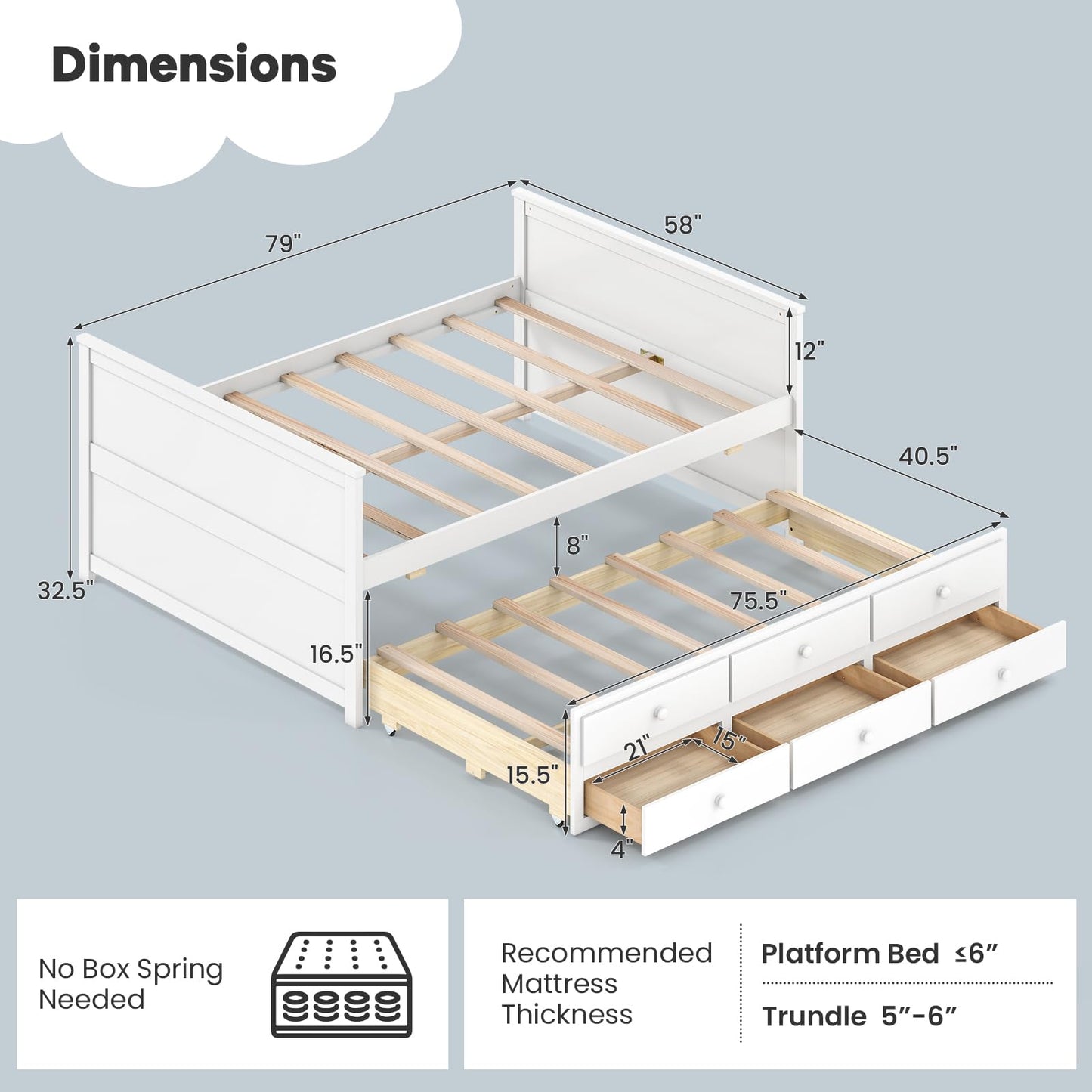 Giantex Full Size Bed Frame with Twin Trundle & 3 Storage Drawers, Modern Platform Bed with Headboard & Footboard, Wooden Slats Support Captain Bed for Teens Adults, No Box Spring Needed, White