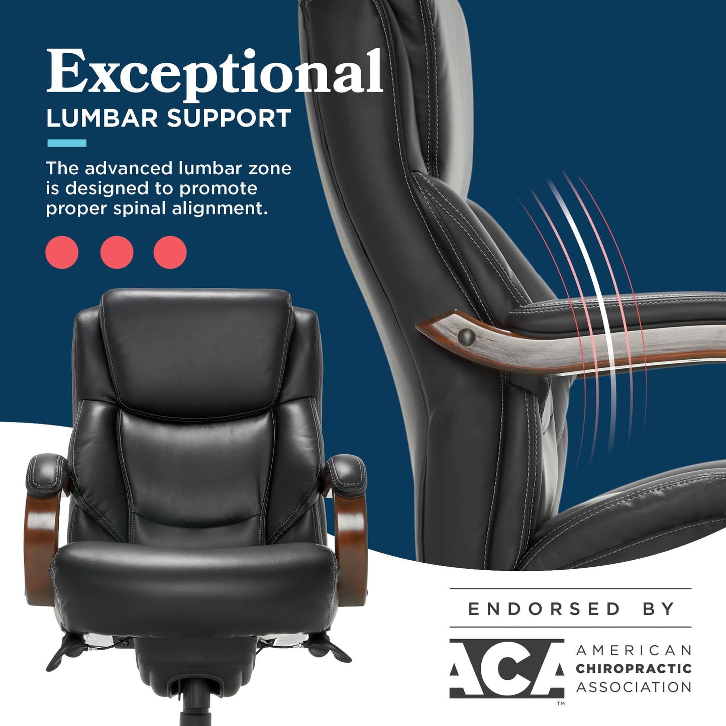 La-Z-Boy Delano Big and Tall Executive Office Chair - Ergonomic Lumbar Support Memory Foam - Bonded Leather Desk Chair for Home Office - Mahogany Wood Arms - Black