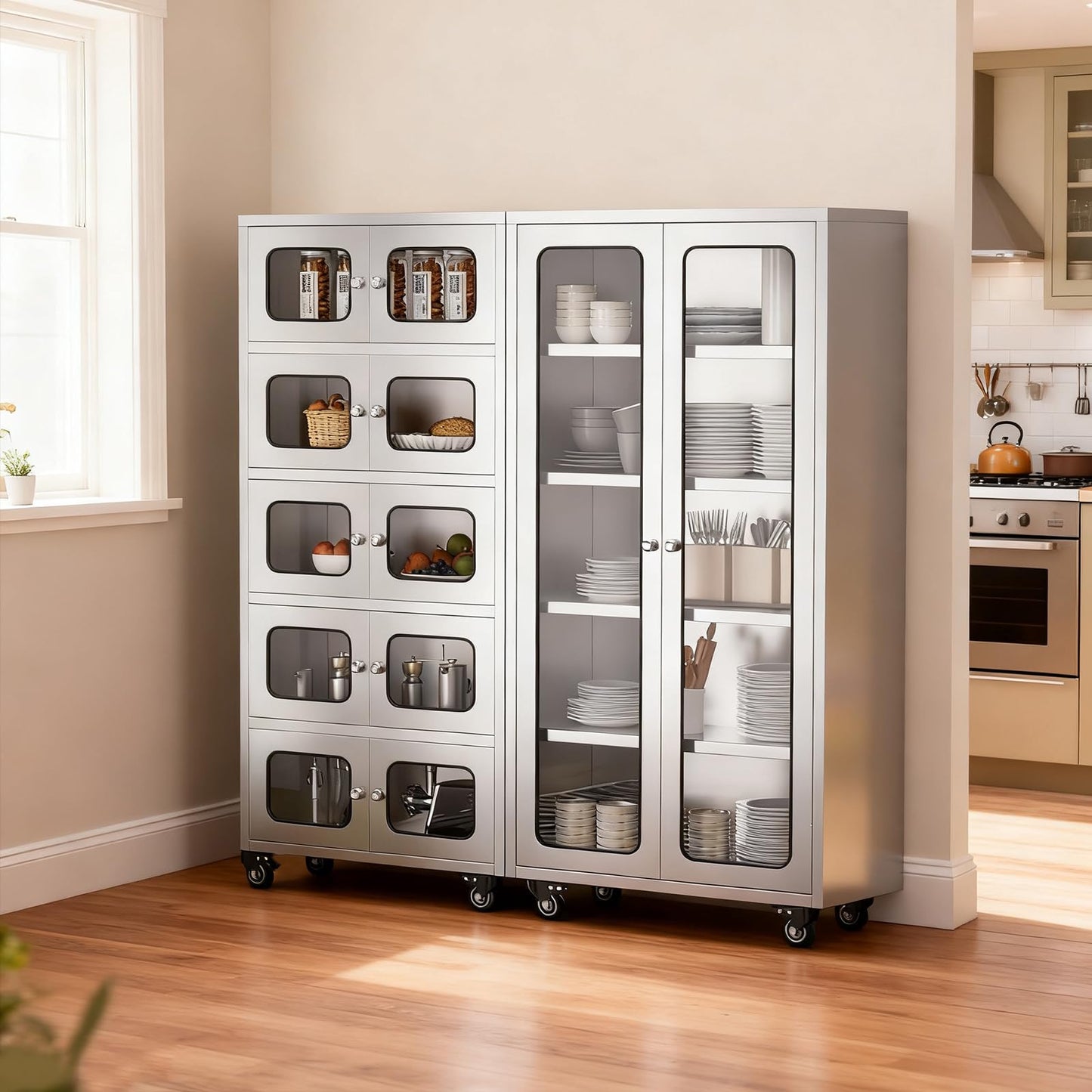 ZZV 68" Tall Stainless Steel Storage Cabinet with Wheels, Fully Assembled 5-Tier Kitchen Pantry Cabinet with Glass Doors for Garage, Utility Room, Laundry Room, Restaurant, Cafe, and Outdoor