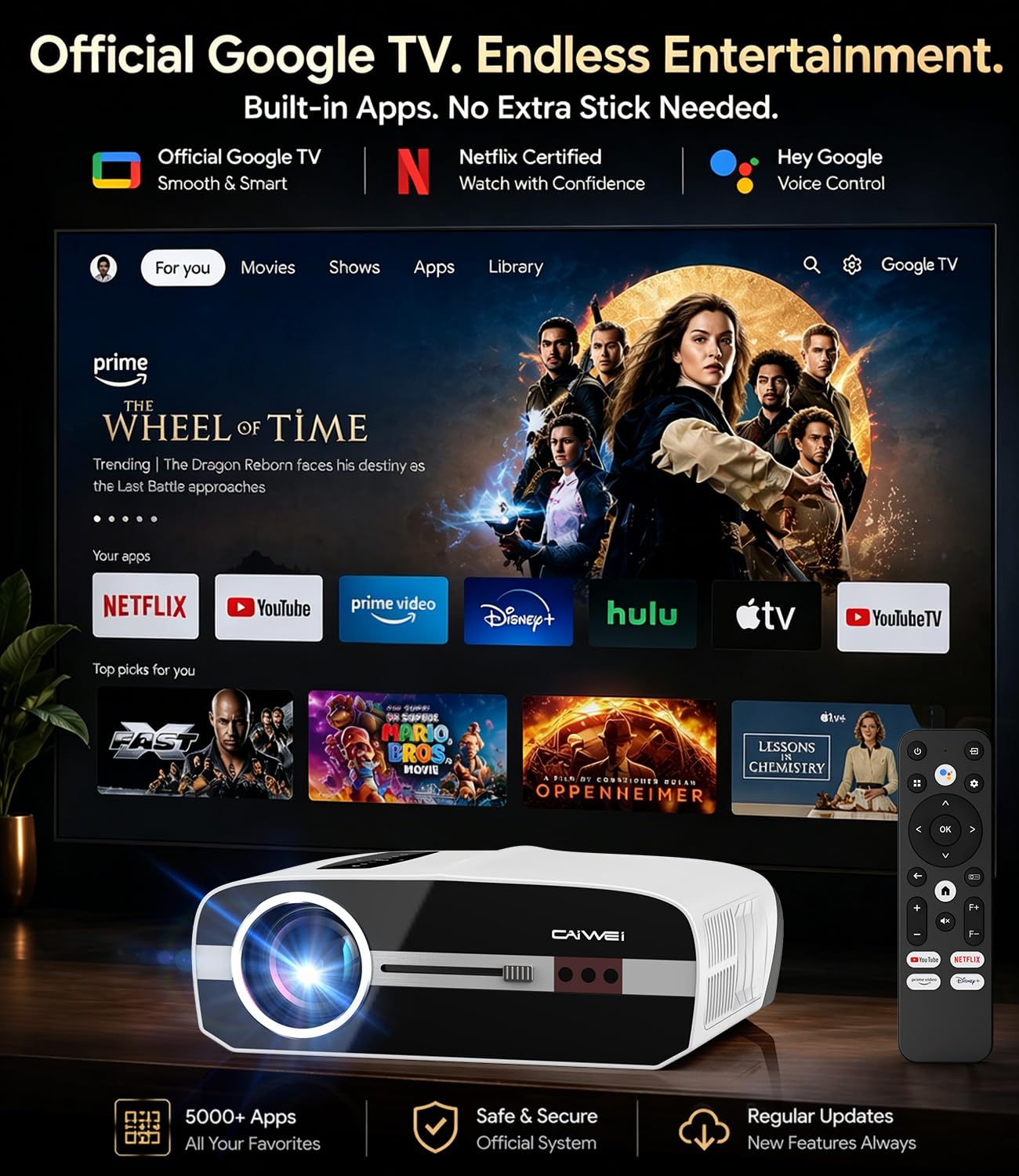 4K Daylight Projector Google TV 2200 ANSI Lumens, HDR10 Smart Home Theater Projector with WiFi6 Bluetooth, TOF Autofocus, Dolby Audio,3-Brightness, HDMI Outdoor Movie Projector