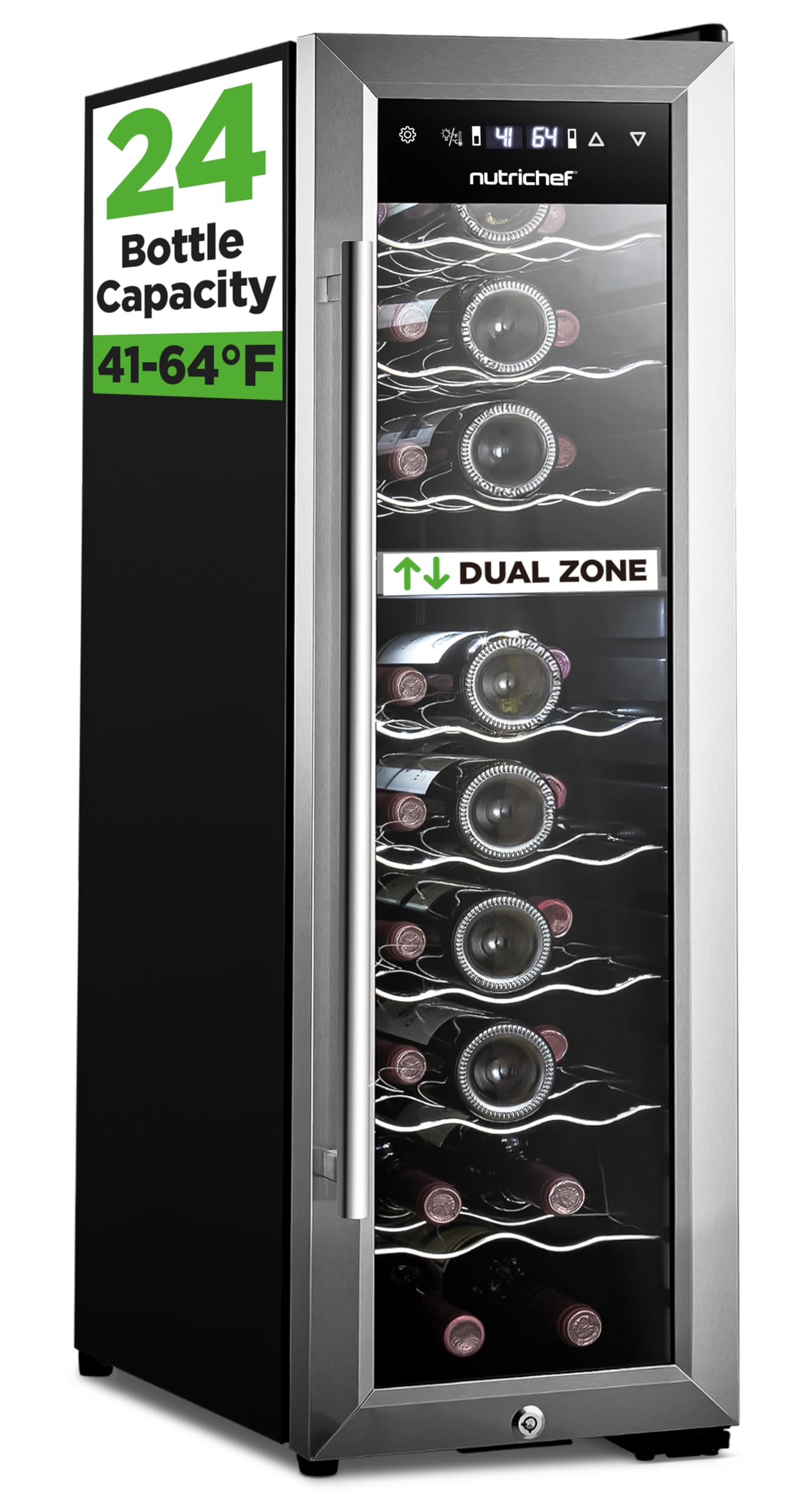 Nutrichef 24 Bottle Wine Fridge - Dual Zone Wine Chiller, Adjustable Temperature 41°F to 64°F, Ultra Quiet Operation, Free Standing Wine Cooler For Home, & Office, 39 x 11 x 23 IN (Black)