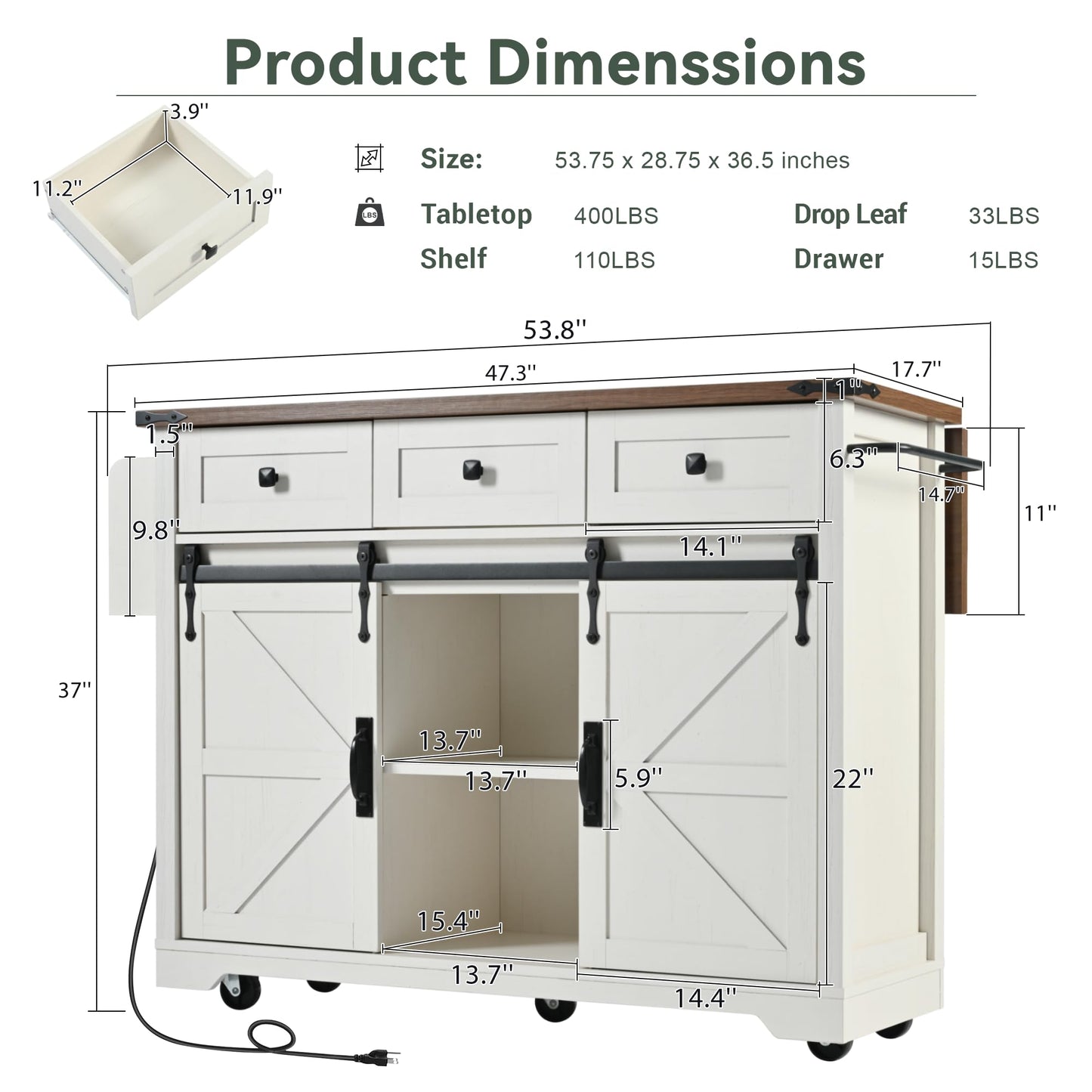 Merax 53.7" Kitchen Cart Island on Wheels with Power Outlet,Drop Leaf and 2 Sliding Barn Door,Farmhouse Style Storage Cabinet for Dining Room