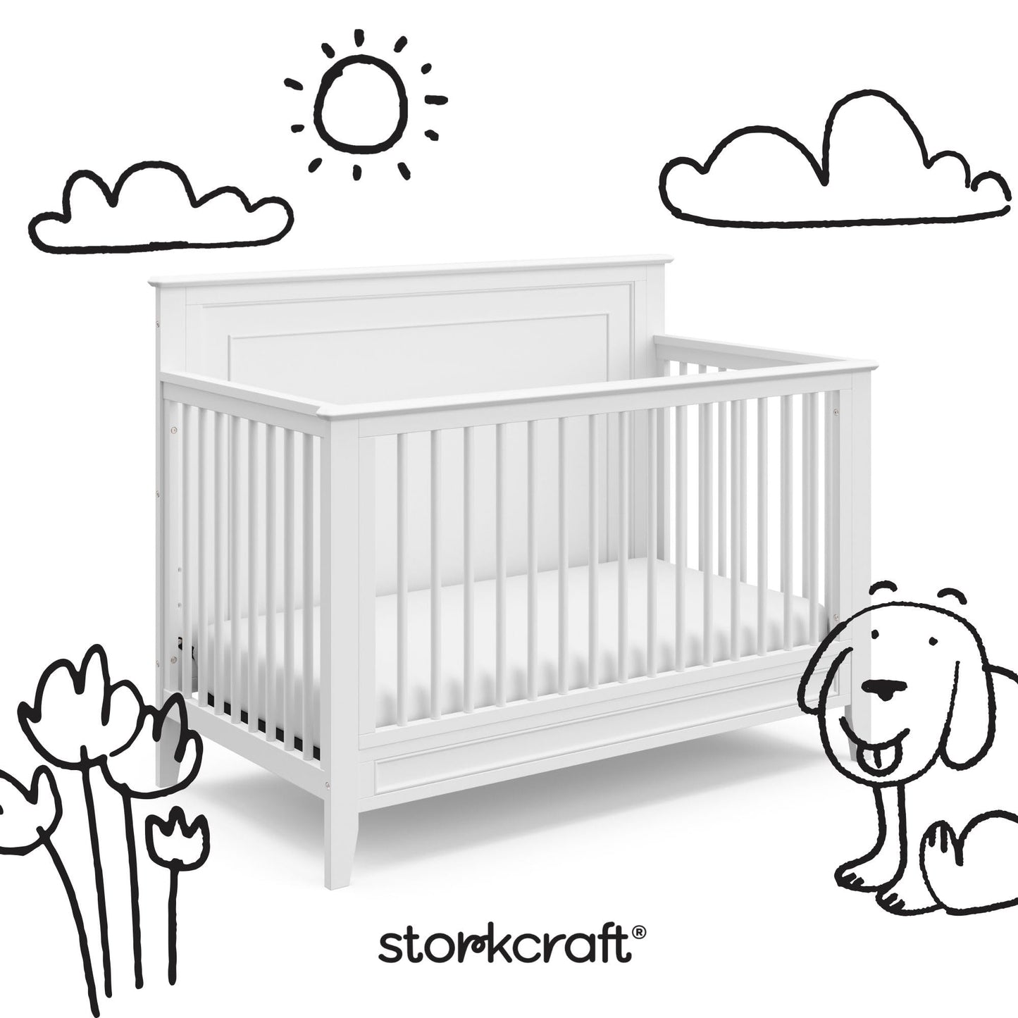 Storkcraft Solstice 5-In-1 Convertible Crib – GREENGUARD Gold Certified, Converts to Toddler Bed and Full-Size Bed, Fits Standard Full-Size Crib Mattress, Adjustable Mattress Support Base (White)