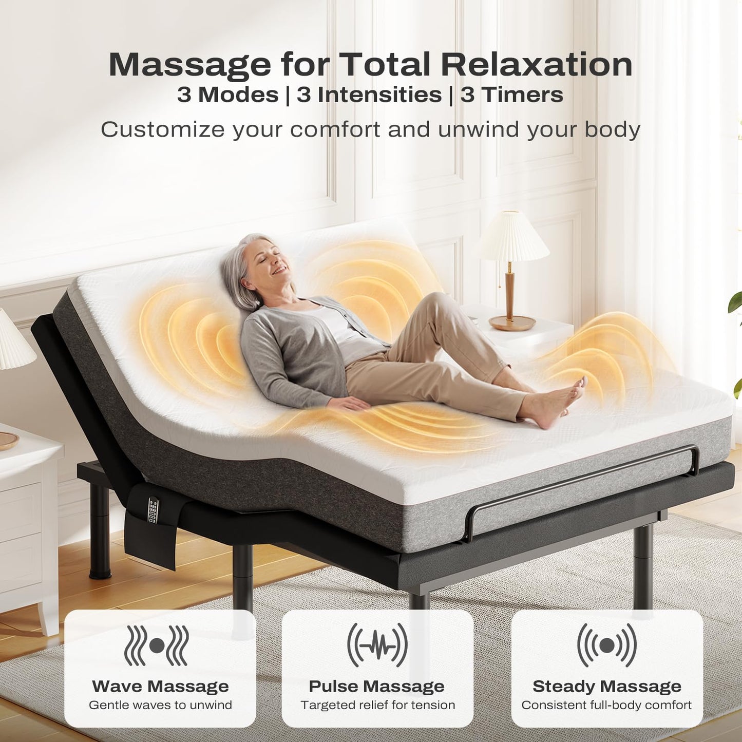 DOMIA Full Adjustable Bed Frame with Massage, Electric Bed Base with Head & Foot Incline, USB Ports & LED Night Light, Side Pocket, Wireless Remote, 3 Height Options, Zero Gravity, Easy Assembly