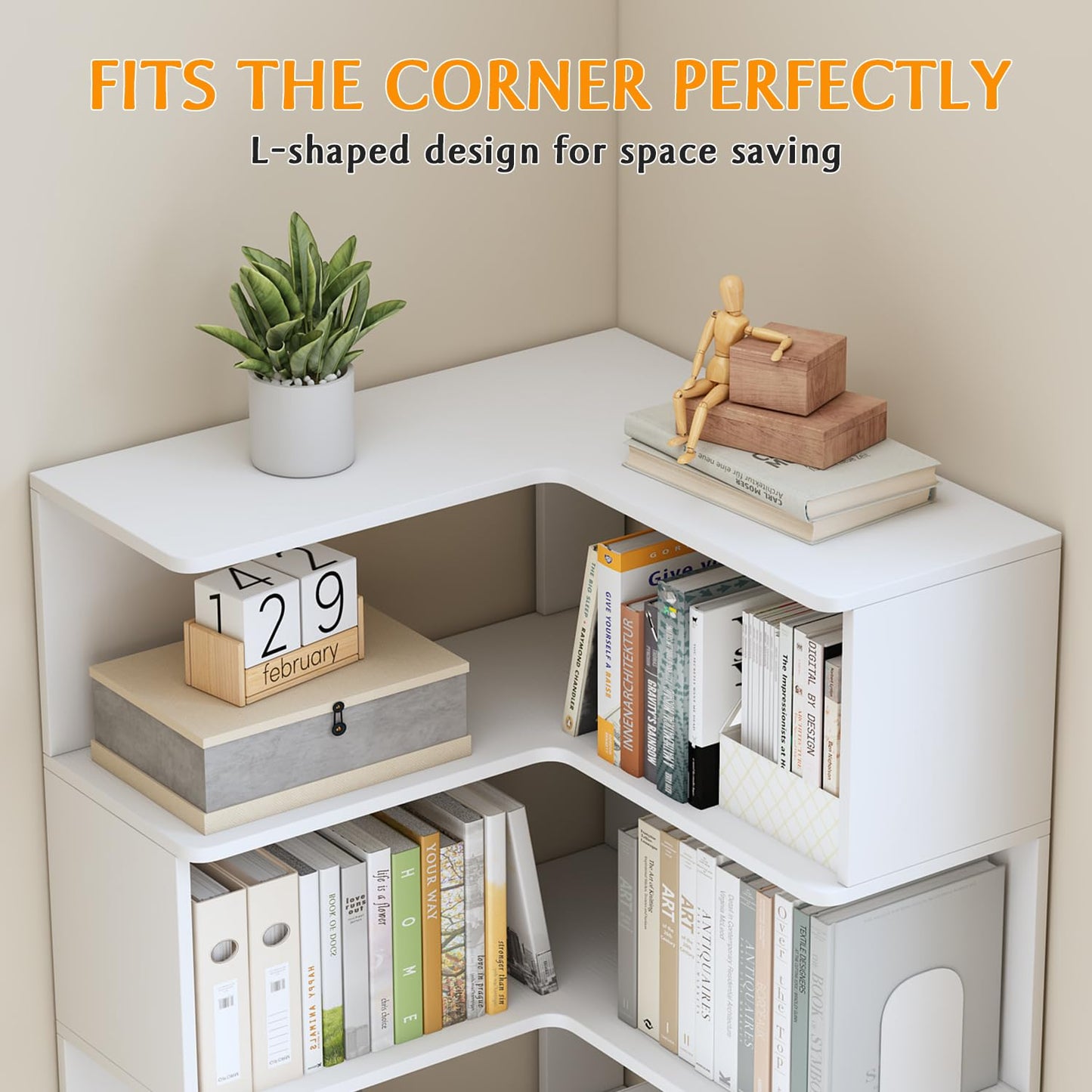 IOTXY 6-Tier L-Shaped Corner Bookshelf - 66" Tall Wooden Freestanding Bookcase with Open Shelf Units, Walnut