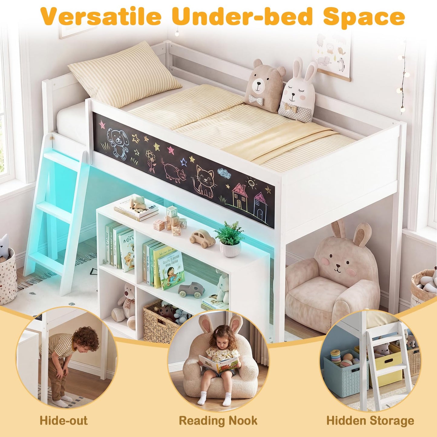 Giantex Low Loft Bed with LED Lights, Twin Size Bed Frames for Kids w/Chalkboard, Removable Bookcase & Under-Bed Storage Space, Wood Loft Beds with Stairs, Safety Guardrail for Girls Boys (White)