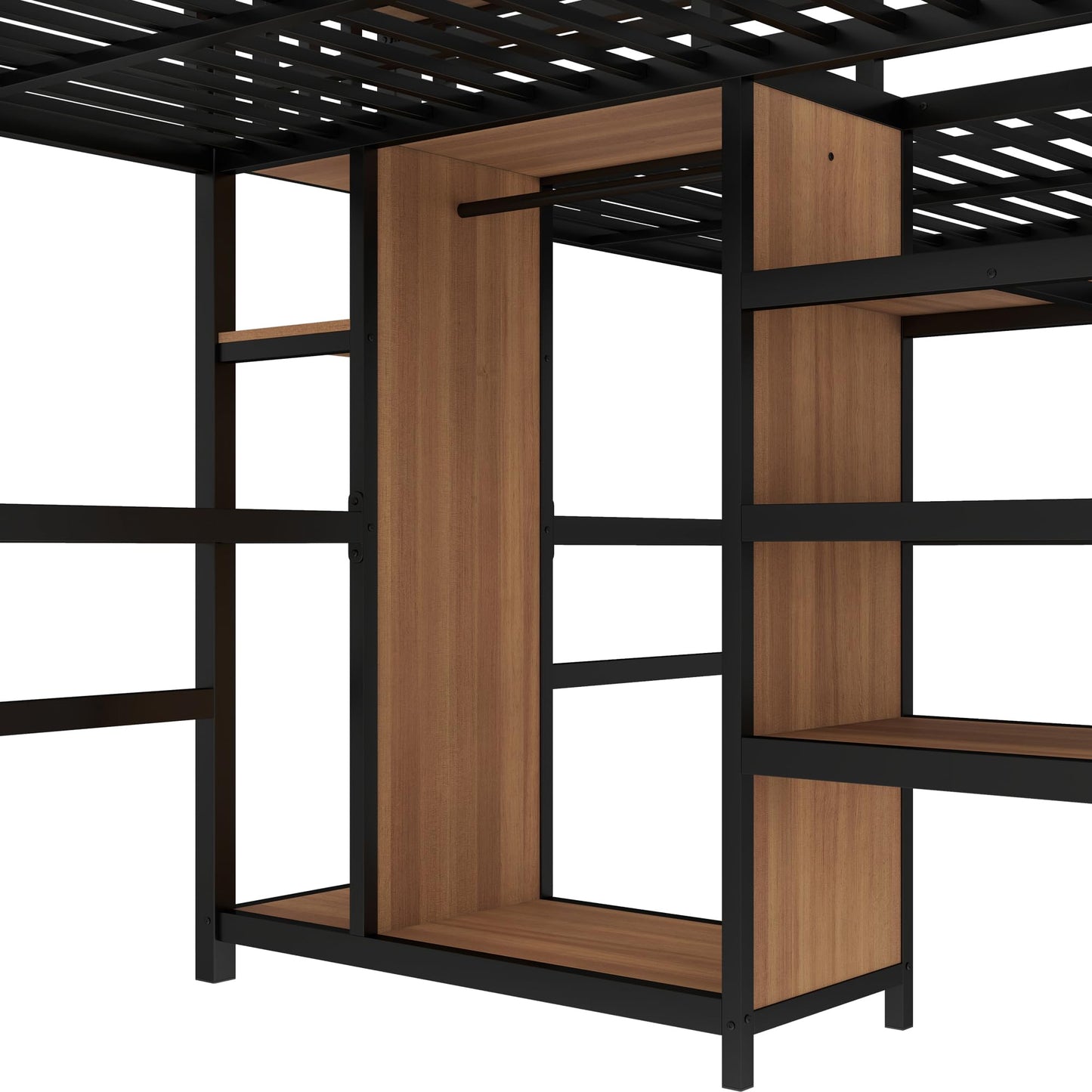 Bellemave Twin Over Twin Metal Loft Bed with Desk and Wardrobe for 2 Kids,Twin Size Heavy Duty Double Loft Bed Frame with Charging Station and Shelves for Boys,Girls,Adults,Woodgrain