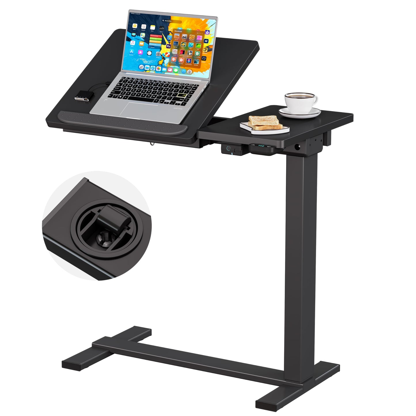 BIZUM Small Electric Standing Desk, Overbed Table Wireless Tilt Top with Hidden Wheels, 27.6×15.8 Inch Adjustable Rolling Laptop Desk, USB-C Rechargeable Battery, Black