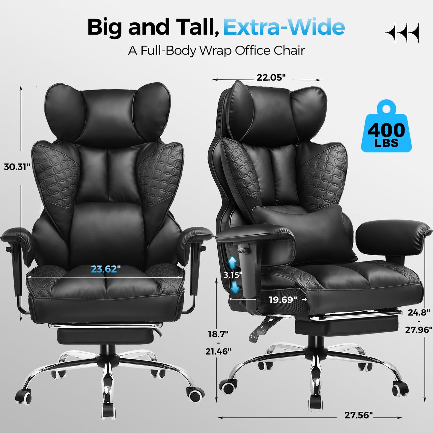GTPLAYER Big and Tall Gaming Chair 400lbs Heavy Duty Office Chair with Footrest, High Back Pocket Spring Lumbar Support, Ergonomic Wide Comfy Seated Cushion for Lower Back Pain Relief, Earth-Black