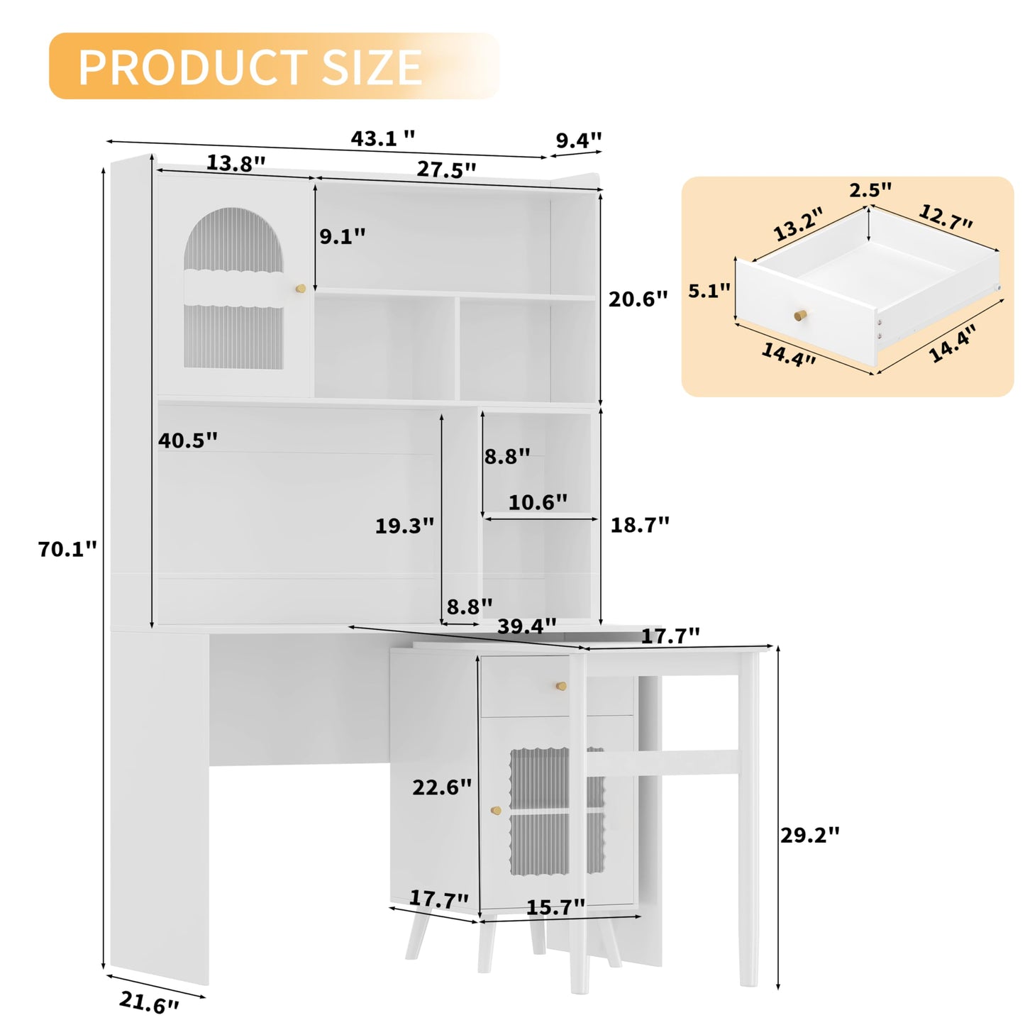Merax Computer Desk with 90 Degree Rotating Desktop, L Shaped Office Desk with Storage Drawer and Cabinets, Writing Desk with Shelves for Study, Work Desk for Office Bedroom Living Room, White