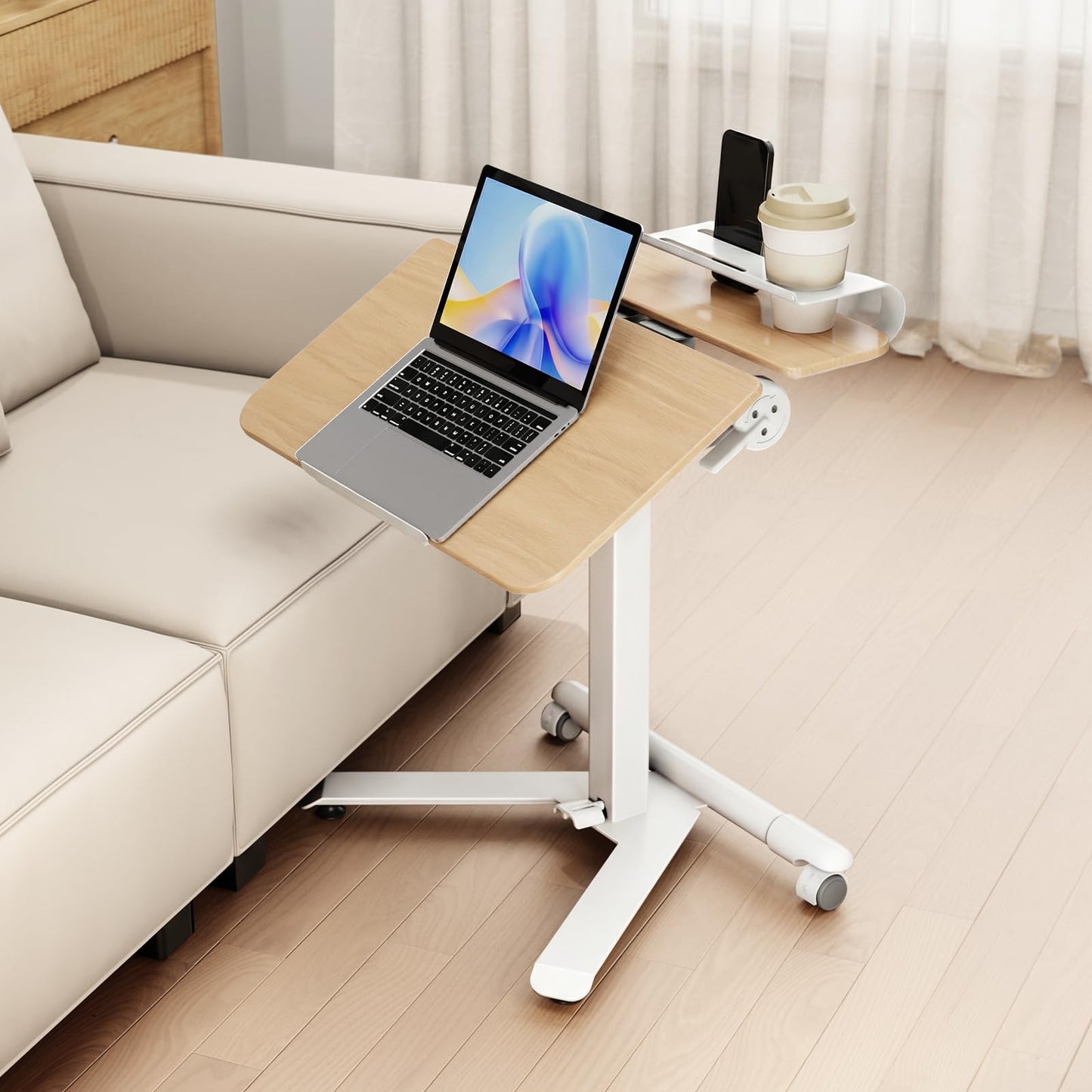 ROMOON Rolling Standing Desk with Wheels, Portable 24 inch Sit-Stand Laptop Cart with Tilt Top and Storage, Mobile Compact Workstation for Home Office and Small Spaces (Natural Oak)