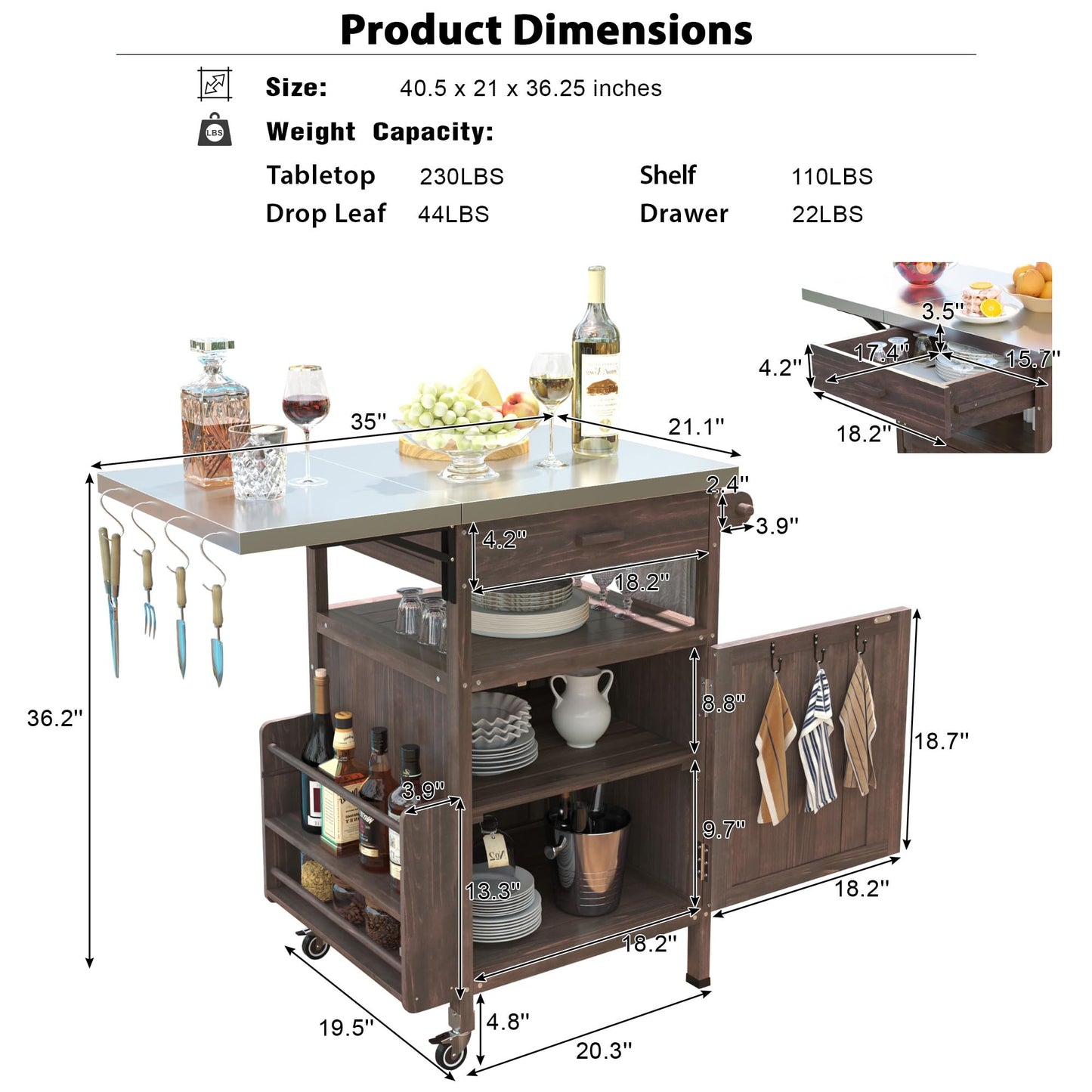 Merax Grill Cart with Storage, Patio Kitchen Island Outdoor Grill Table with Lockable Wheels Drop Leaf, BBQ Cart Movable Pizza Oven Table Stand, Brown