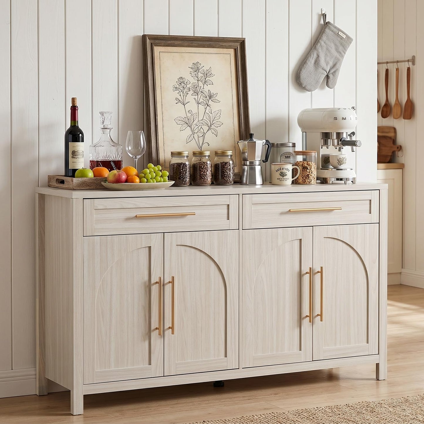 FNeL Mid-Century Modern Arched Sideboard, 55" Buffet Cabinet with Storage, 4-Door Accent Cabinet, Long Sideboard Buffet Table for Kitchen, Living Room, White