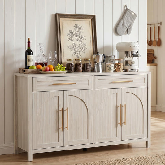 FNeL Mid-Century Modern Arched Sideboard, 55" Buffet Cabinet with Storage, 4-Door Accent Cabinet, Long Sideboard Buffet Table for Kitchen, Living Room, White