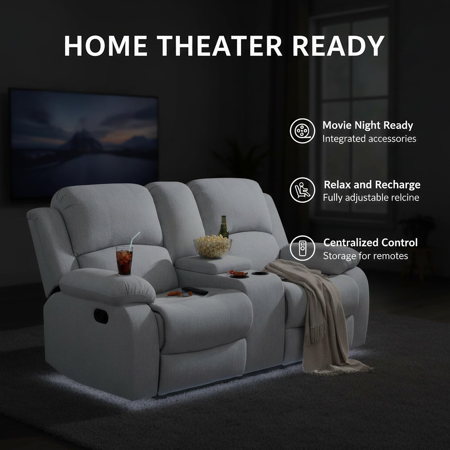 Trygoal Manual Recliner Sofa Set, Linen Reclining Living Room Furniture Set, Adjustable Backrest Reclining Loveseat Sofa and a 3 Seater Couch Furniture Set for Living Room, Home Theater, White Grey