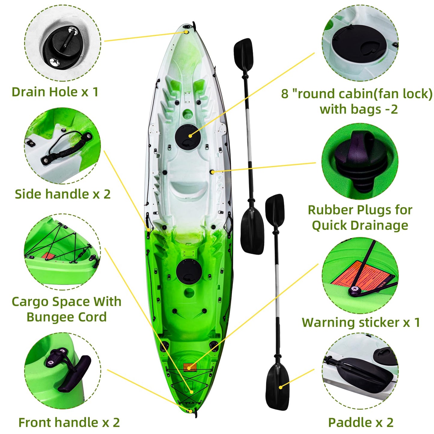 Garvee Fishing Kayaks, 12.4 FT, 2-3 Person Sit on Top Kayak for Adults with Paddle & Comfortable Seat, Capacity of 600 LBS, Hard Shell Recreational Ocean Kayak Boat