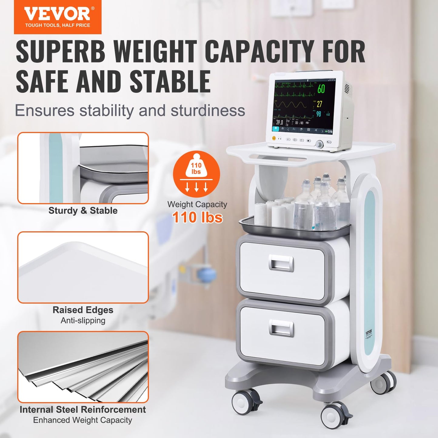 VEVOR 3 Tiers Lab Carts, Lab Utility Cart with 2 Drawers & 1 Top Tray, Mobile Medical Cart with ABS Material, Lab Rolling Cart with 4 Silent Wheels for Lab, Clinic, Hospital, Salon, White