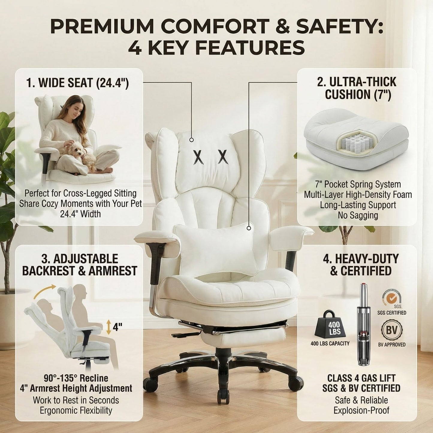 Efomao Big and Tall Office Chair 400lbs Capacity, 24.4" Extra Wide Seat Heavy Duty White Desk Chair with Footrest, Oversized Executive Computer Chair with Adjustable Armrests for Home Office
