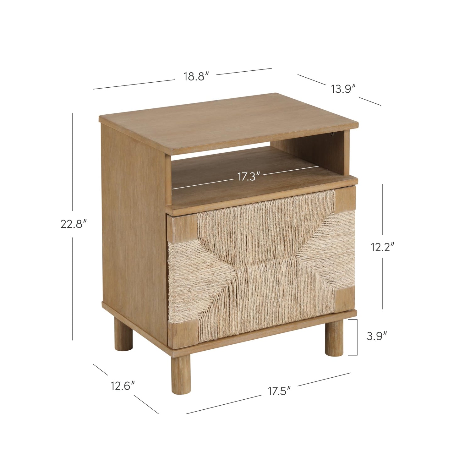 Nathan James Beacon Wood Nightstand, Bohemian Accent Table or Sofa Side Table with Seagrass Door for Bedroom or Living Room, Light Brown, Set of 2