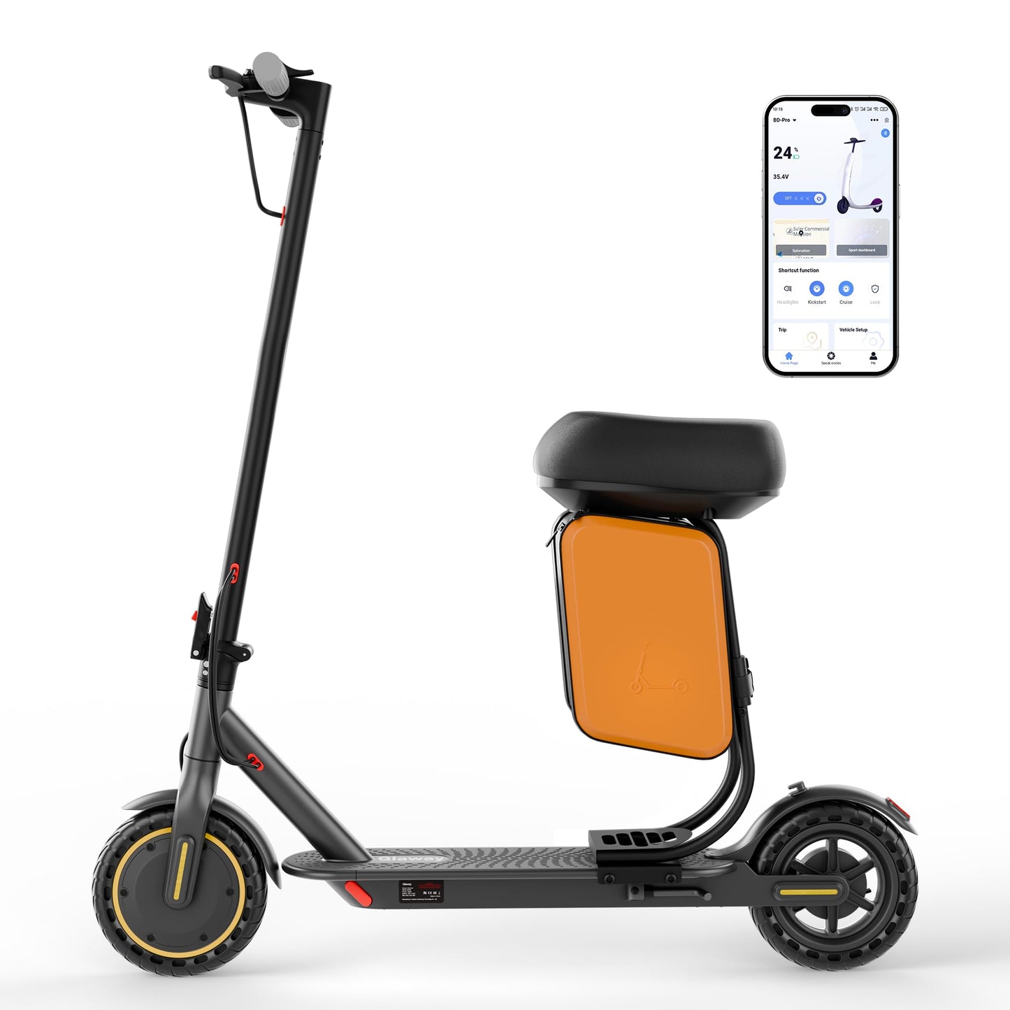 Qlaway 8.5" E Scooter with Seat, 19 MPH 350W Motor 280.8WH Battery, Motorized Up to 22 Miles Range, Foldable Scooter Bearing 265 LBS/APP