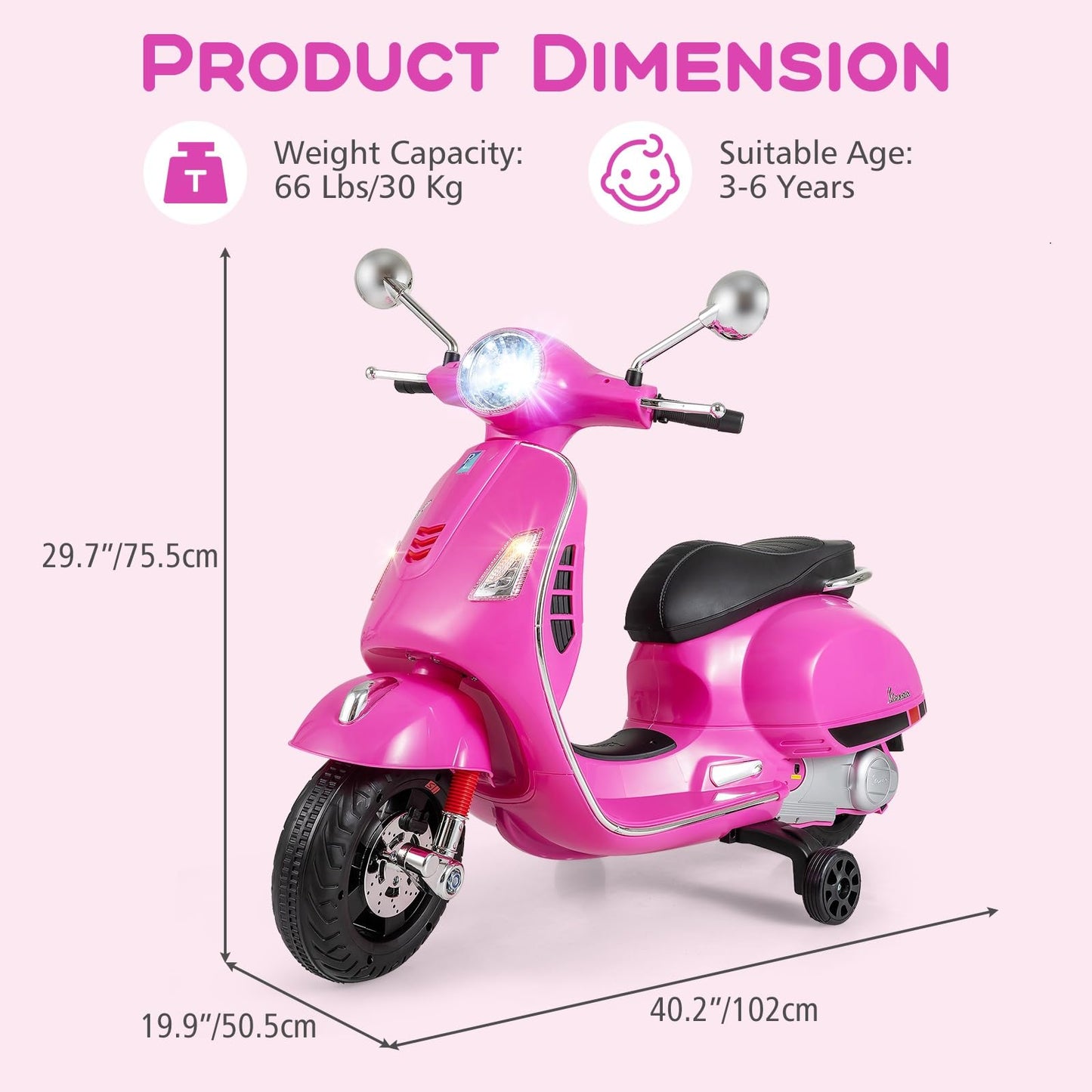 Licensed Vespa 12V Kids Motorcycle by INFANS with Training Wheels, Music, Story, Horn, Lights for 3-6 Years (Pink)
