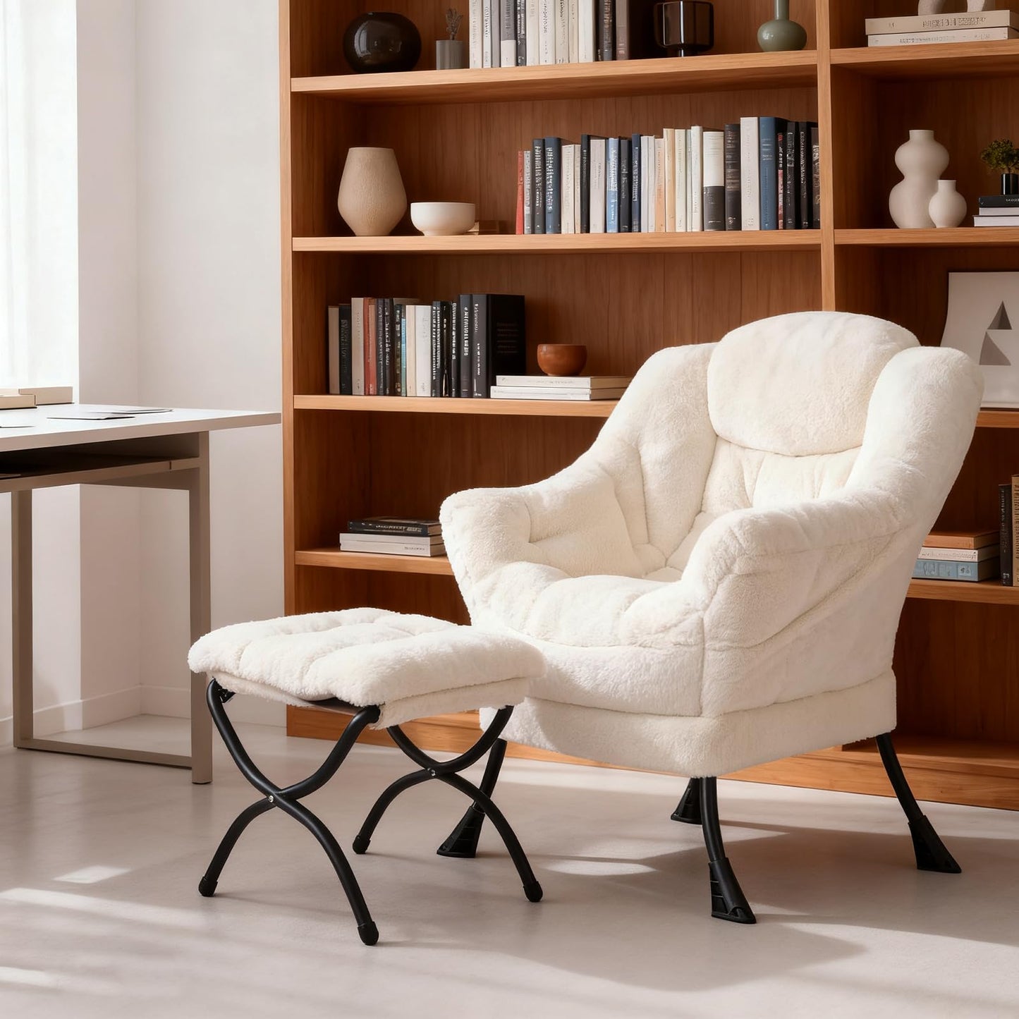 Welnow Lazy Chair with Ottoman, Modern Accent Chair with Armrests and a Side Pocket, Leisure Sofa Armchair, Reading Armchair with Footrest for Small Space, Plush Beige