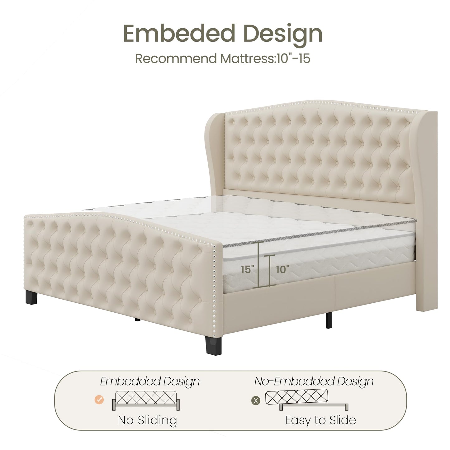 LARMACE King Size Bed Frame Velvet Upholstered Platform Bed with Wingback Headboard & Footbaord, Deep Button Tufted Bed Frame with Wood Slats Support, No Box Spring Needed, Beige