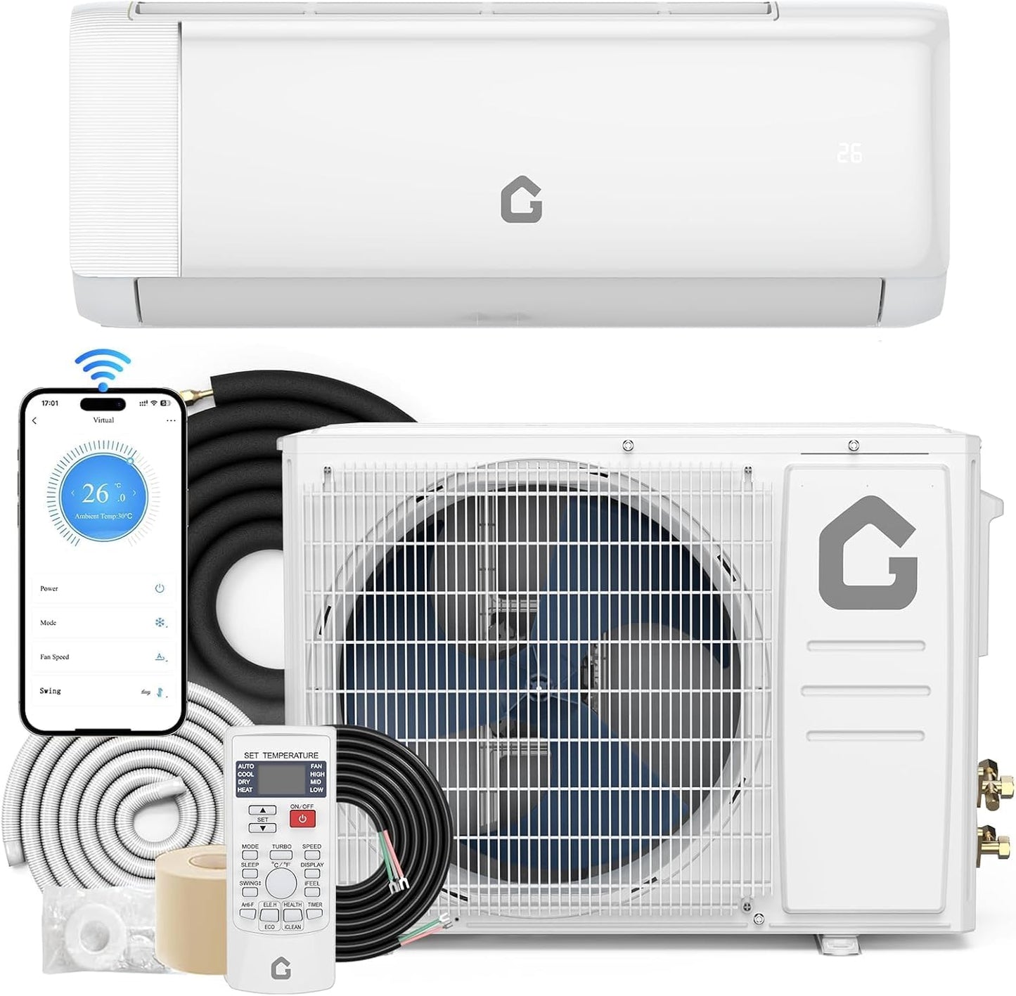 Garvee 12,000 BTU Mini Split Air Conditioner & Heat Pump, 21 SEER2 Ductless Inverter, Smart WiFi, DIY Install Kit, Quiet Operation, Remote, Covers 750 Sq.Ft, 230v, High Efficiency, 5-Year Warranty