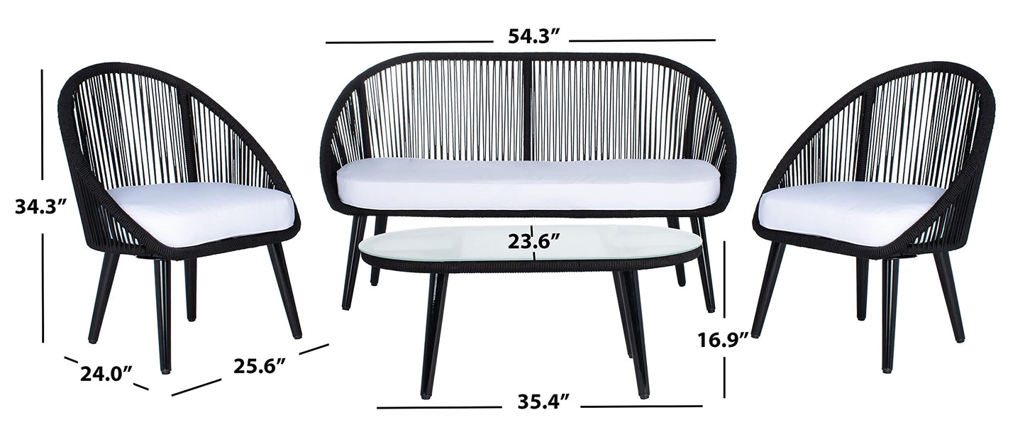 SAFAVIEH Outdoor Collection Halcott Black Rope/White Cushion 4-Piece Conversation Patio Set